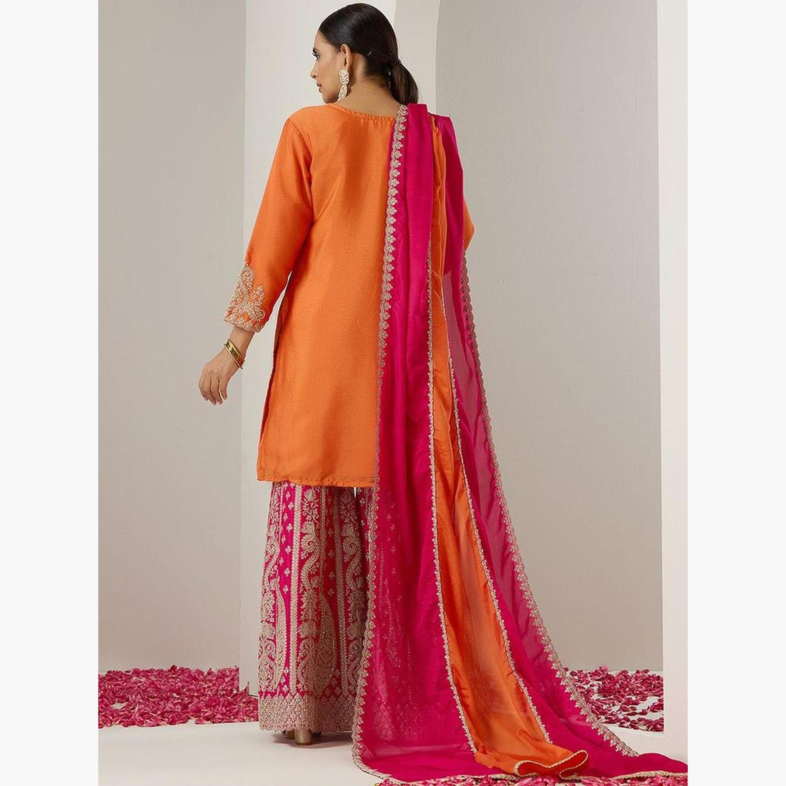 إيشين - طقم كورتا برتقالي من القطن مع بنطال ووشاح-women-clothing-ethnicwear-kurtasets-image-4