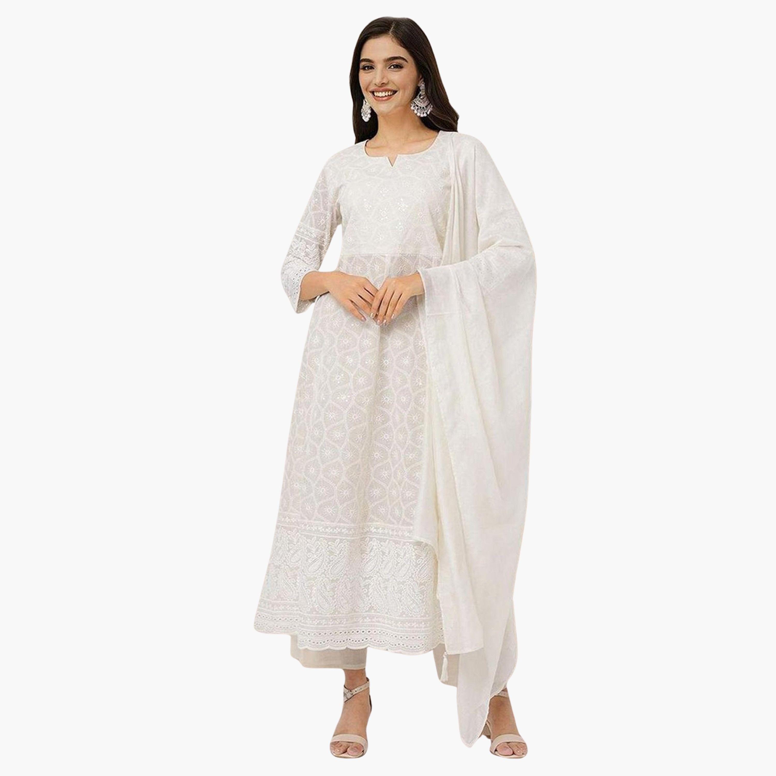 إيشين - طقم كورتا قطني أبيض عاجي مع بنطال ووشاح-women-clothing-ethnicwear-kurtasets-image-1
