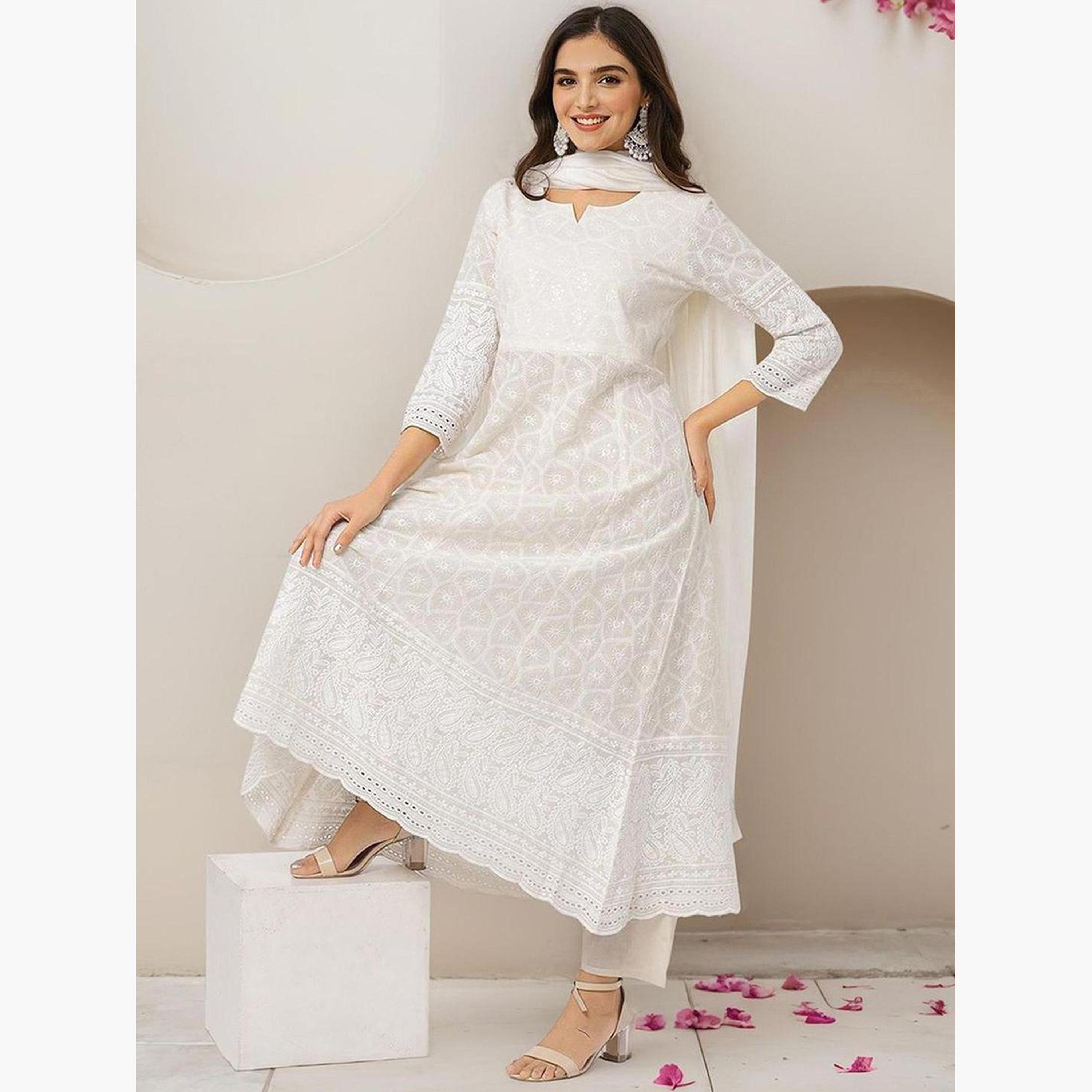 إيشين - طقم كورتا قطني أبيض عاجي مع بنطال ووشاح-women-clothing-ethnicwear-kurtasets-image-2