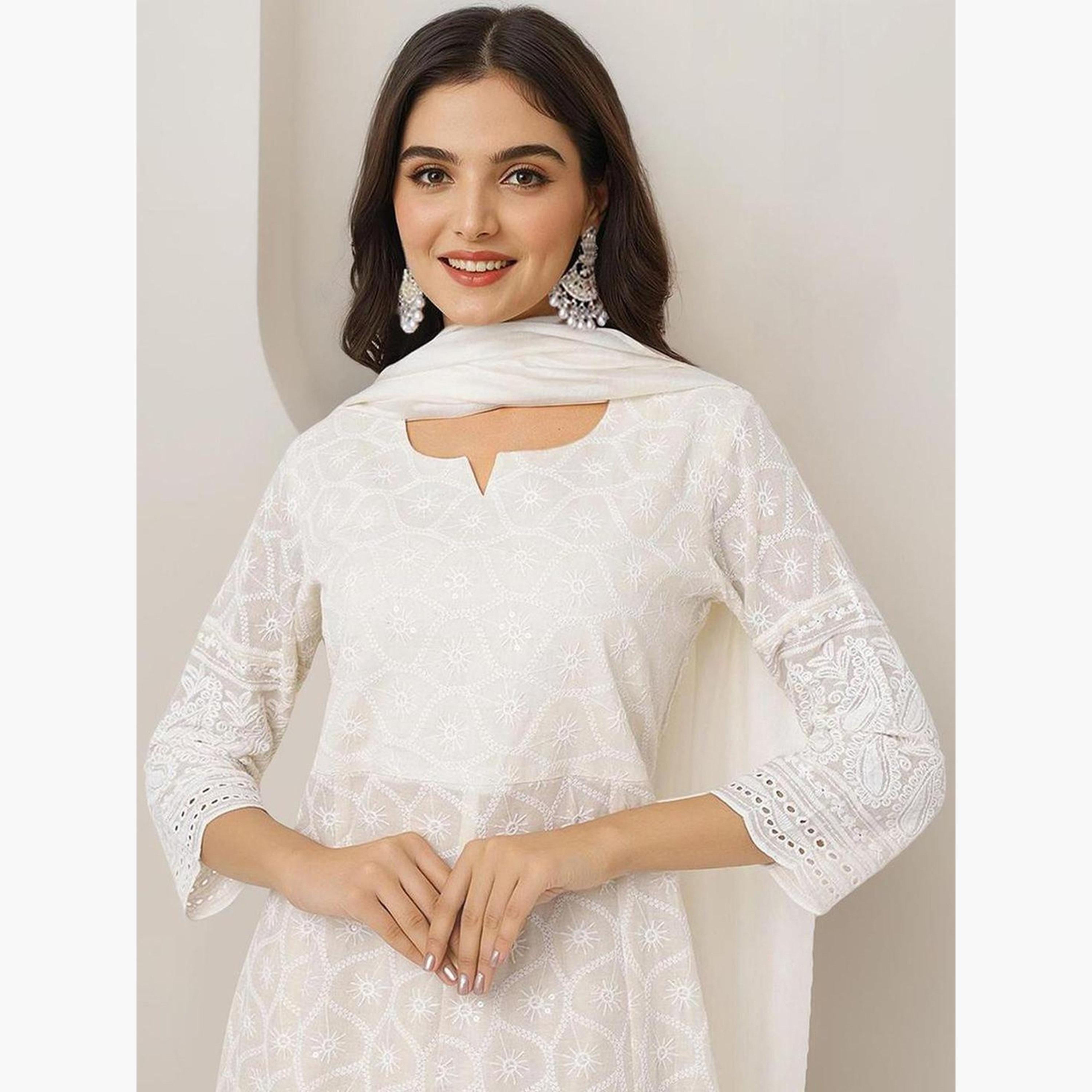 إيشين - طقم كورتا قطني أبيض عاجي مع بنطال ووشاح-women-clothing-ethnicwear-kurtasets-image-3