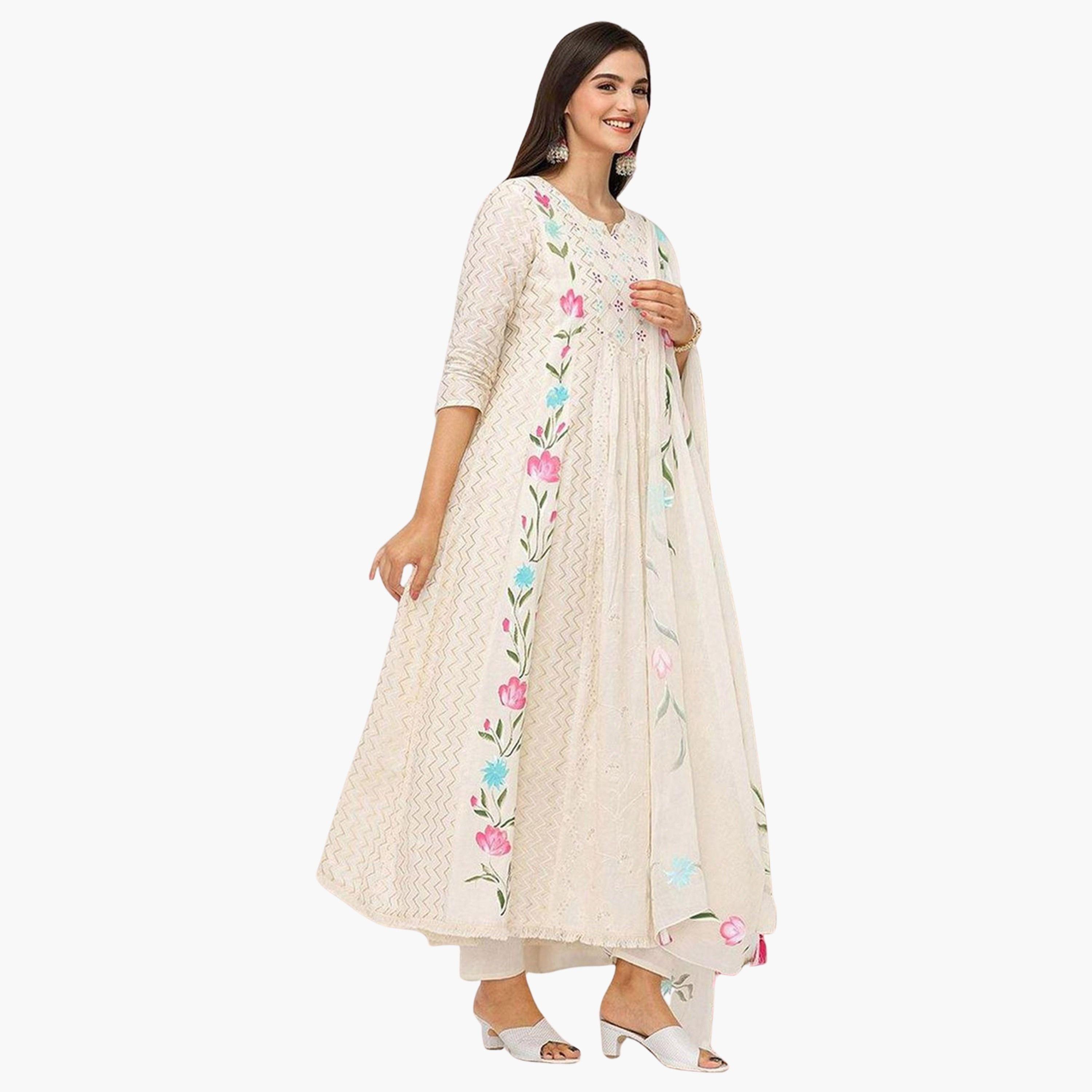 إيشين - طقم كورتا قطني أبيض عاجي مع بنطال ووشاح-women-clothing-ethnicwear-kurtasets-image-1