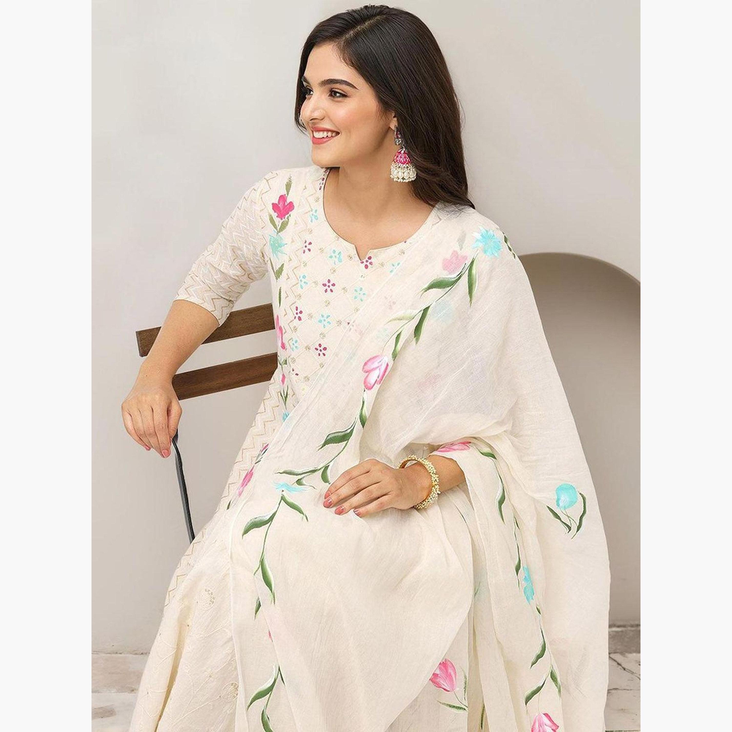 إيشين - طقم كورتا قطني أبيض عاجي مع بنطال ووشاح-women-clothing-ethnicwear-kurtasets-image-2