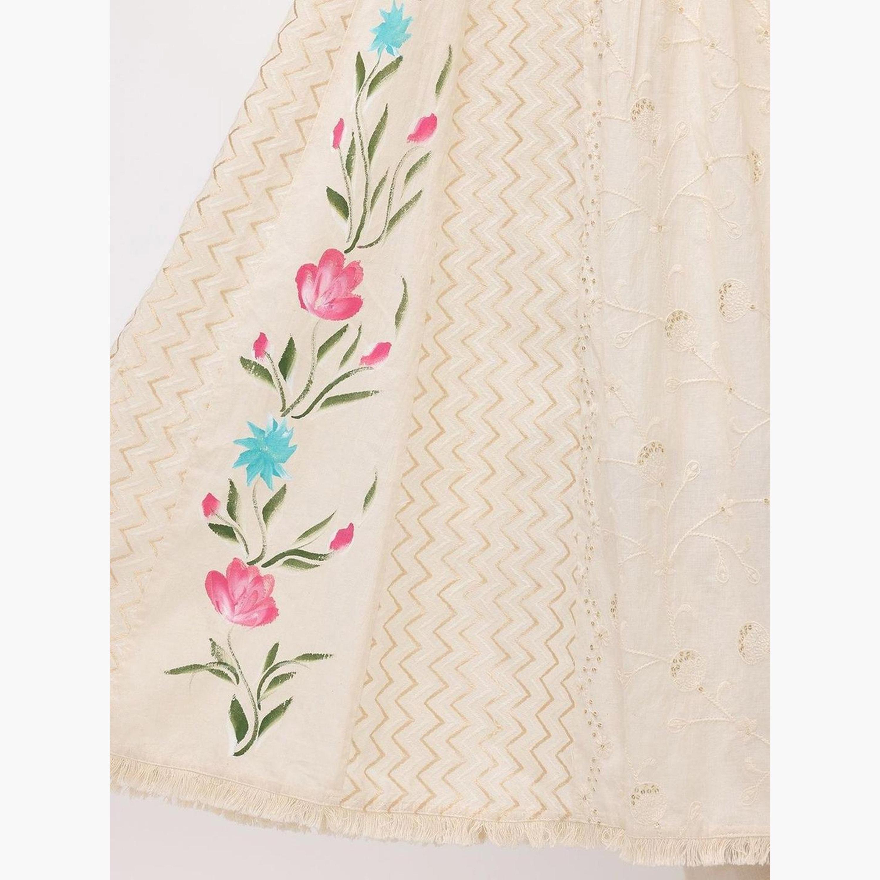 إيشين - طقم كورتا قطني أبيض عاجي مع بنطال ووشاح-women-clothing-ethnicwear-kurtasets-image-3