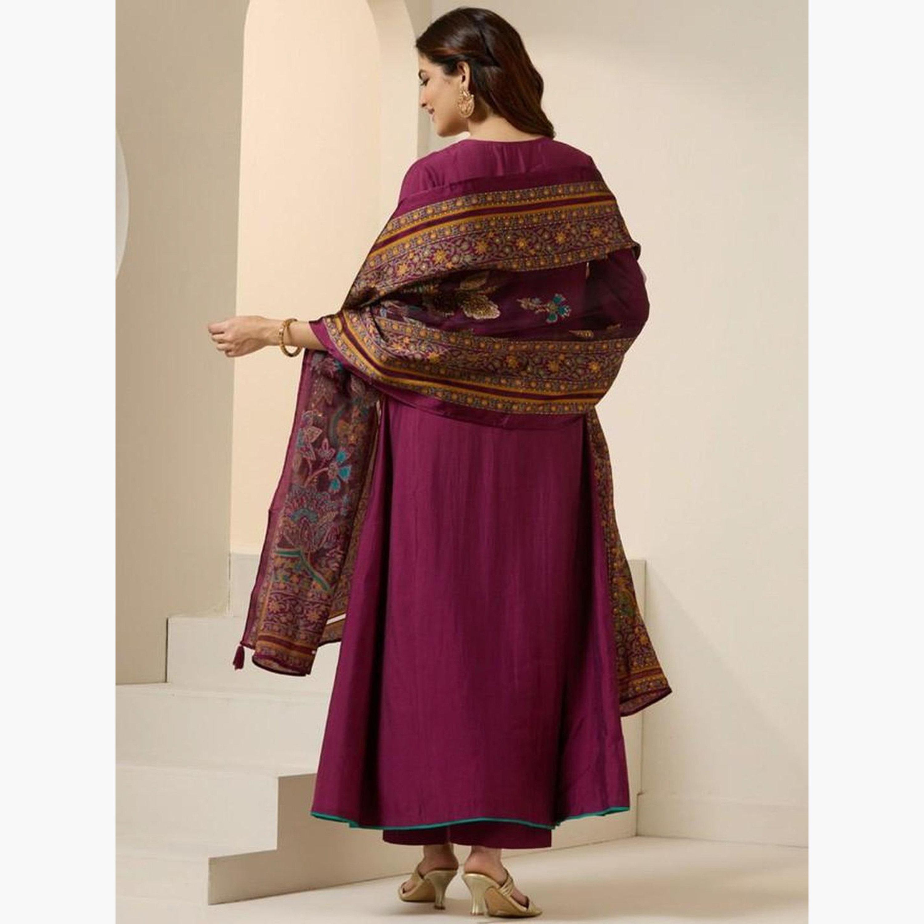 ايشين - كورتا (قميص طويل) من الحرير الروماني الأرجواني مع بنطال ووشاح دوباتا-women-clothing-ethnicwear-kurtasets-image-4