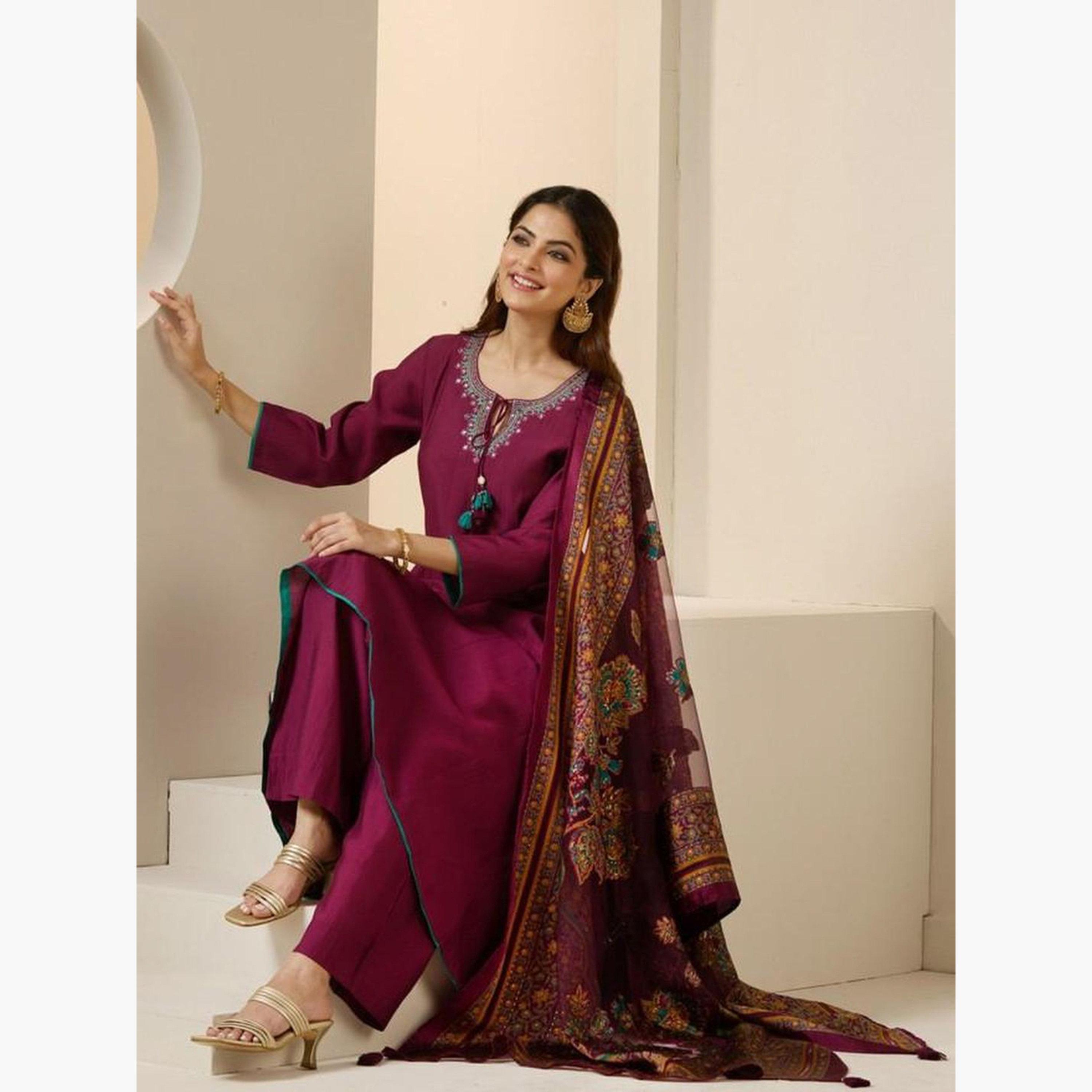 ايشين - كورتا (قميص طويل) من الحرير الروماني الأرجواني مع بنطال ووشاح دوباتا-women-clothing-ethnicwear-kurtasets-image-5