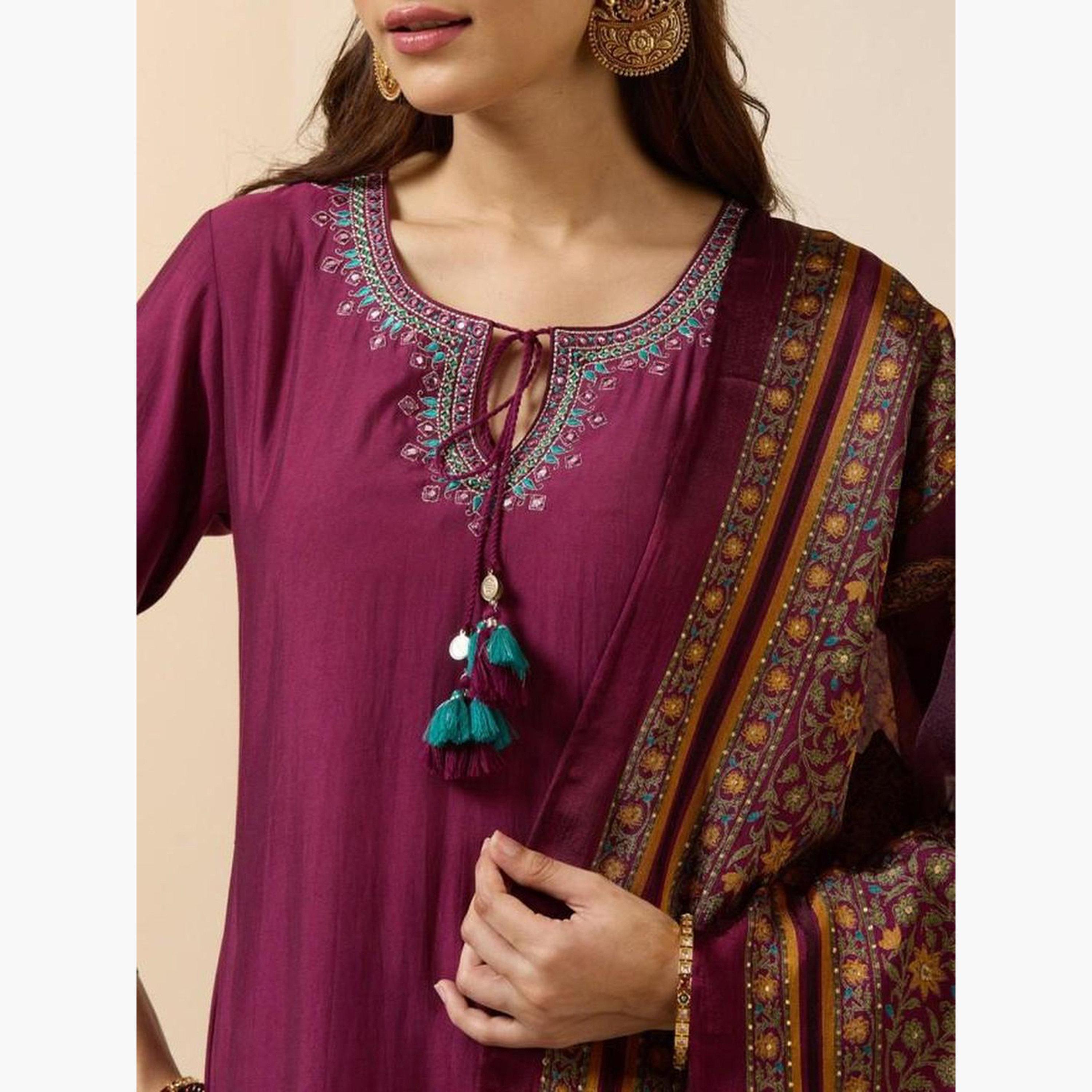 ايشين - كورتا (قميص طويل) من الحرير الروماني الأرجواني مع بنطال ووشاح دوباتا-women-clothing-ethnicwear-kurtasets-image-6