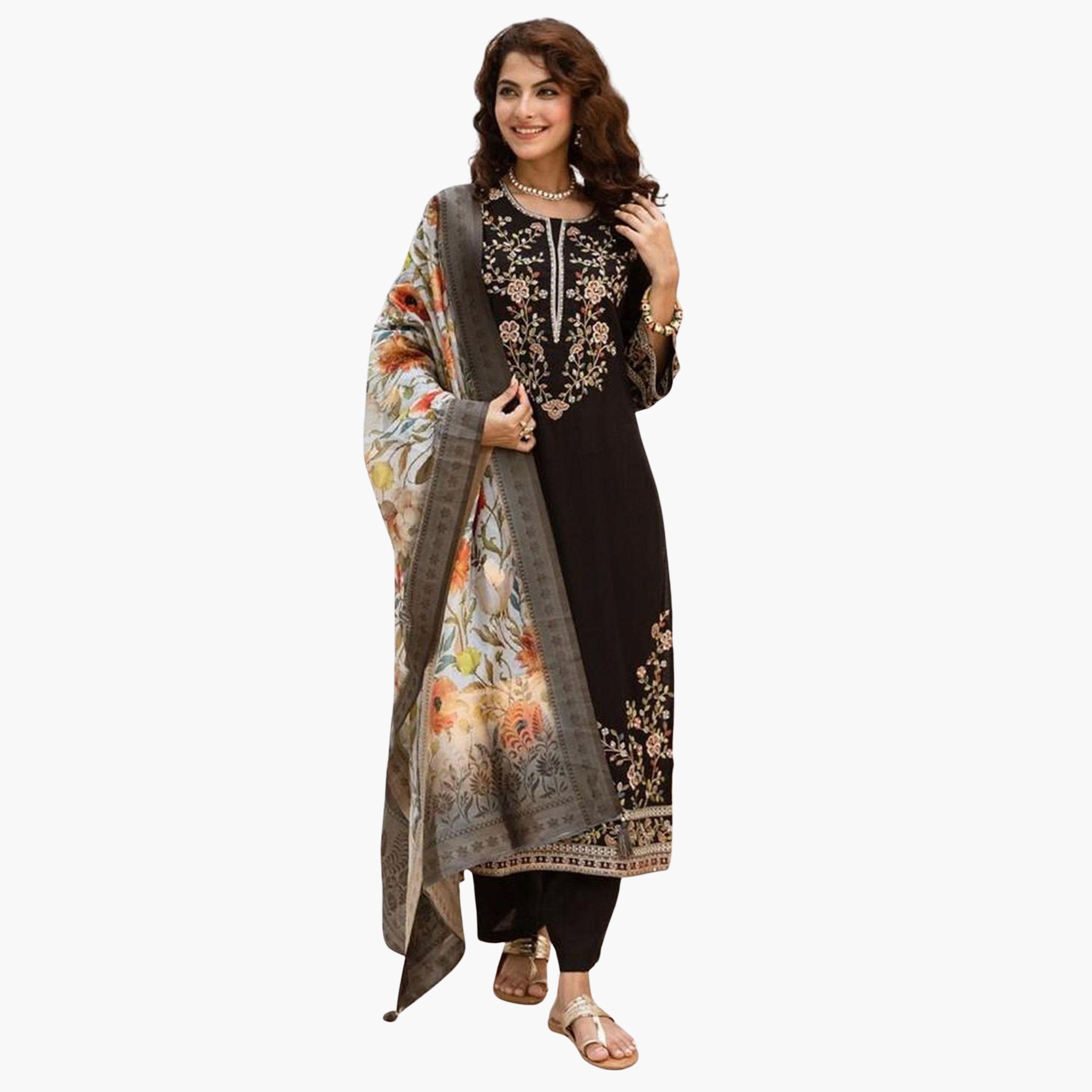 Ishin X Styli Black Embroidered Kurta with Pants and Dupatta Set-women-clothing-ethnicwear-kurtasets-image-1
