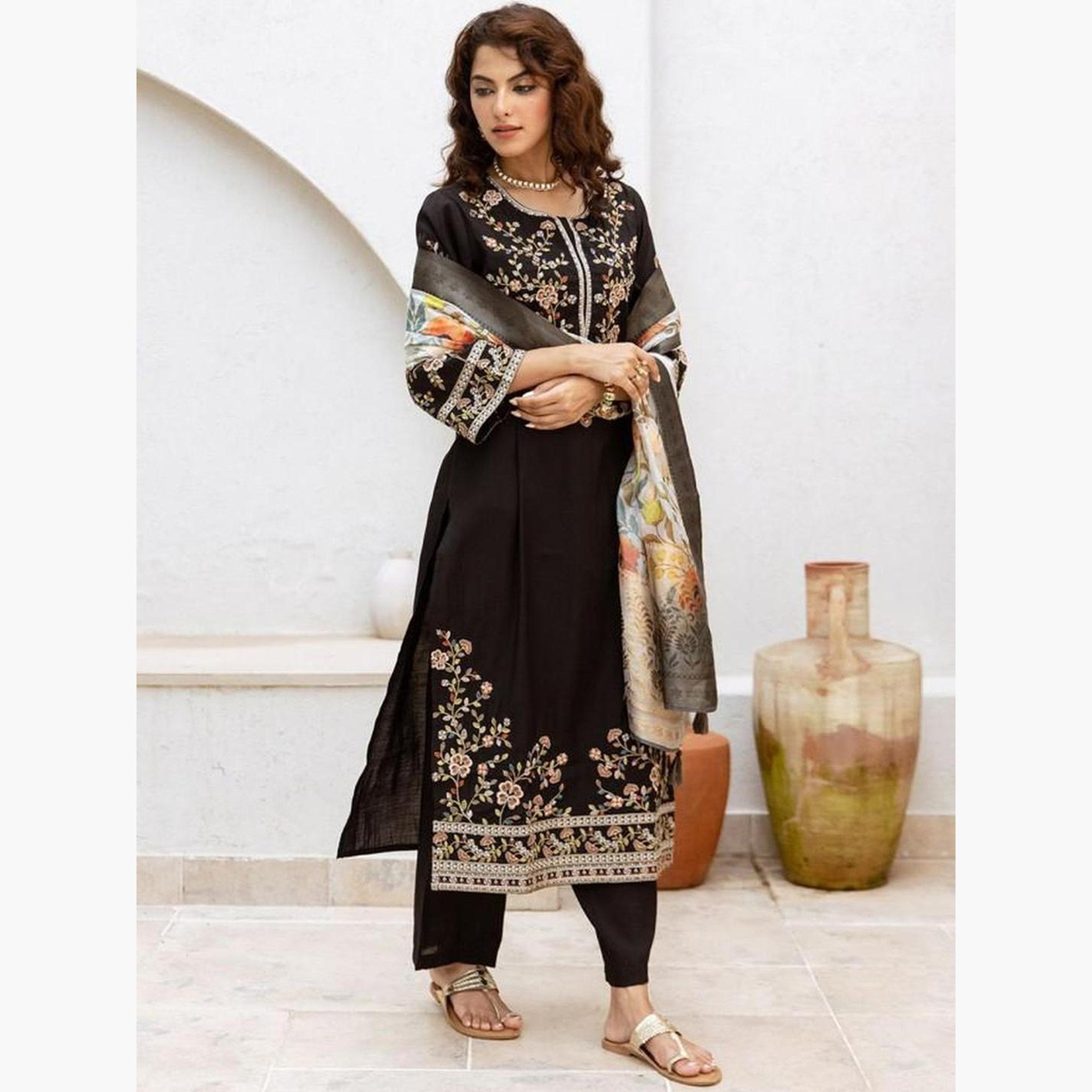 Ishin X Styli Black Embroidered Kurta with Pants and Dupatta Set-women-clothing-ethnicwear-kurtasets-image-2