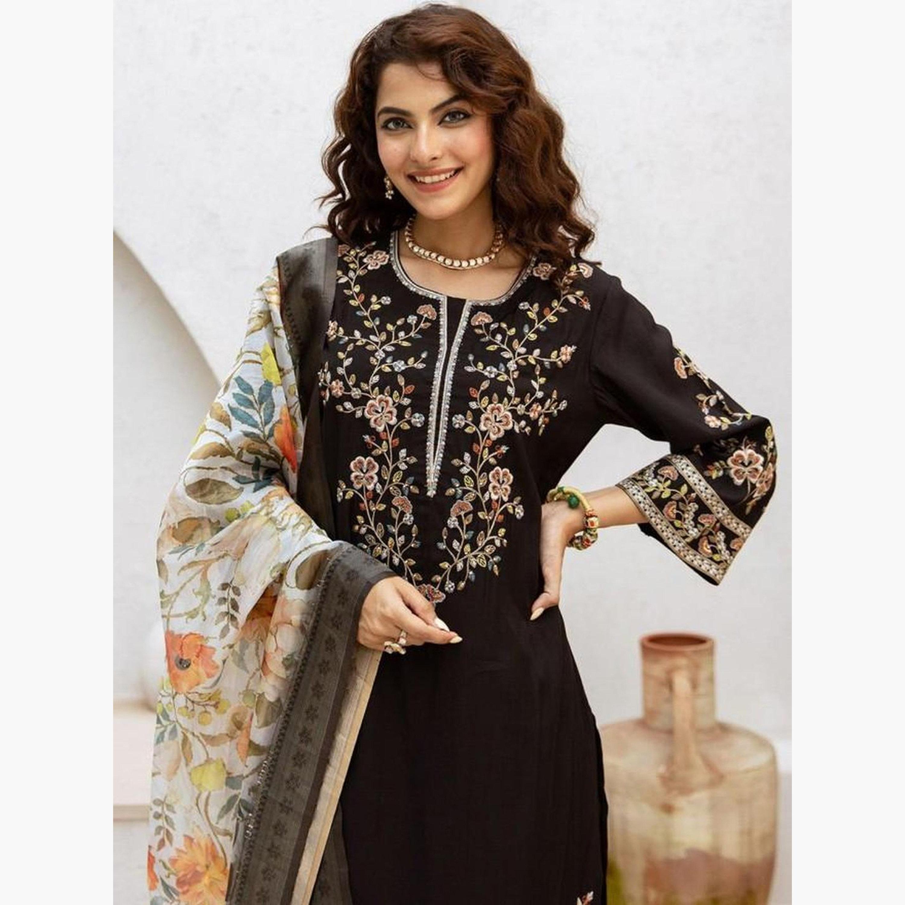 Ishin X Styli Black Embroidered Kurta with Pants and Dupatta Set-women-clothing-ethnicwear-kurtasets-image-3