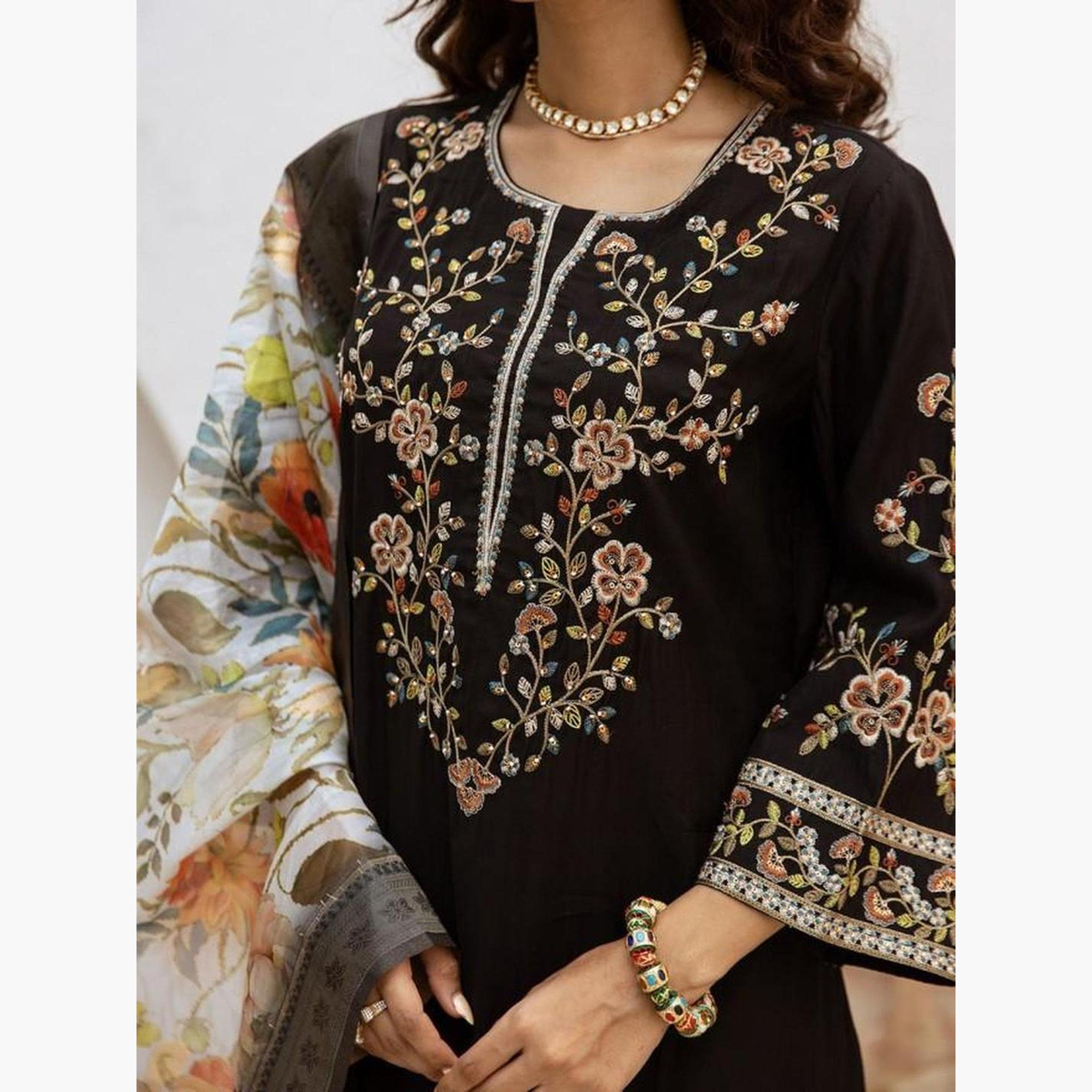 Ishin X Styli Black Embroidered Kurta with Pants and Dupatta Set-women-clothing-ethnicwear-kurtasets-image-4
