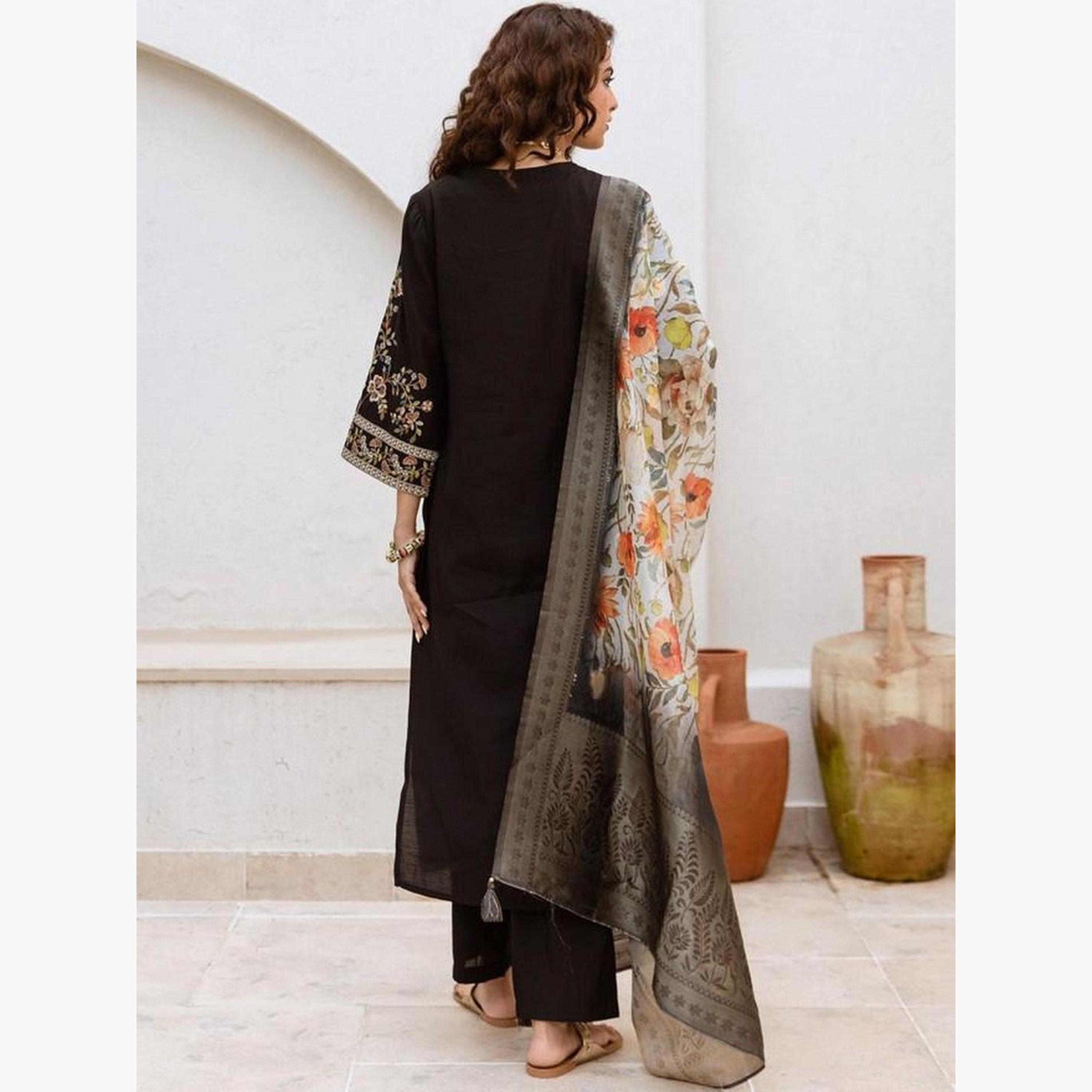 Ishin X Styli Black Embroidered Kurta with Pants and Dupatta Set-women-clothing-ethnicwear-kurtasets-image-6