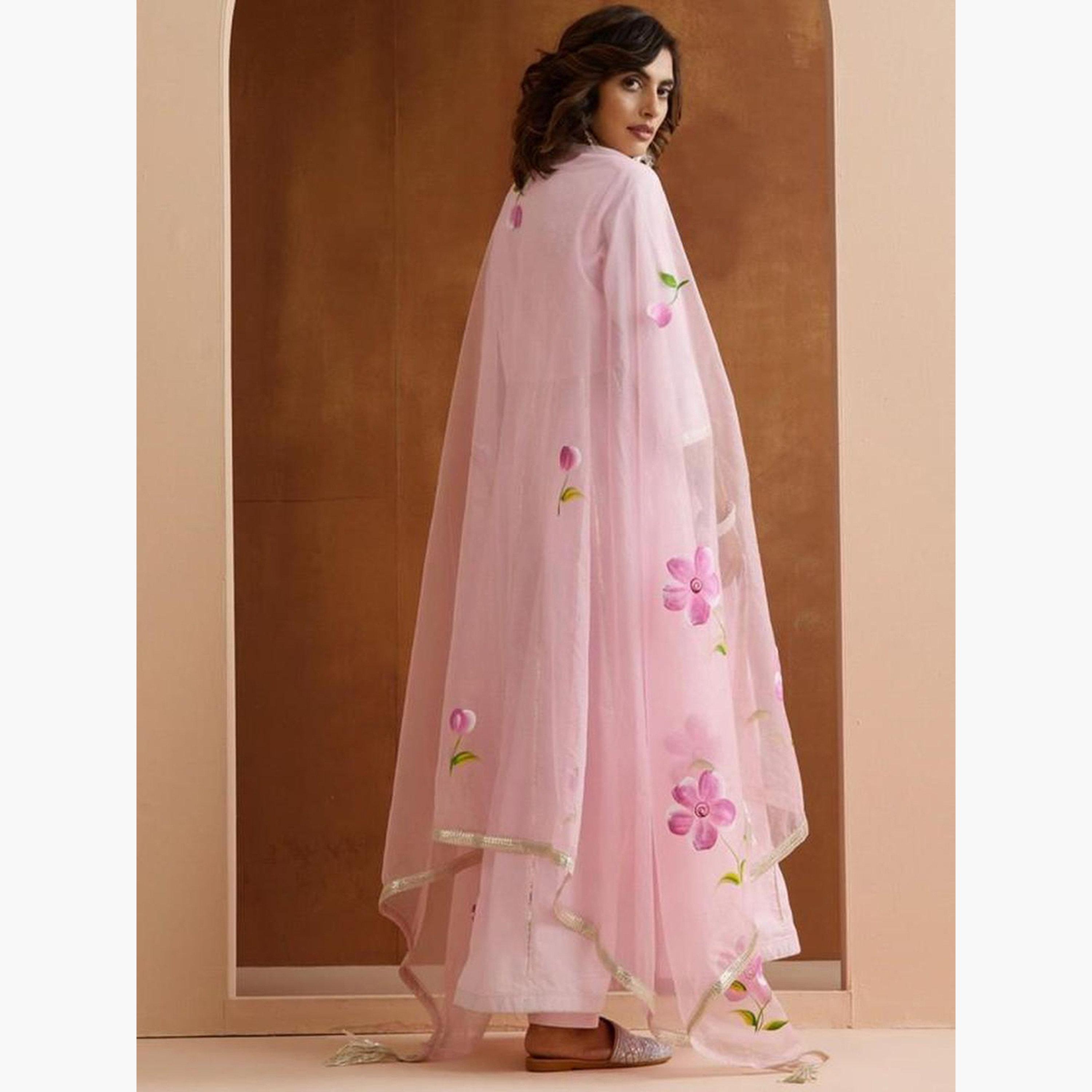 ايشين - كورتا (قميص طويل) قطني وردي مع بنطال و وشاح دوباتا-women-clothing-ethnicwear-kurtasets-image-3