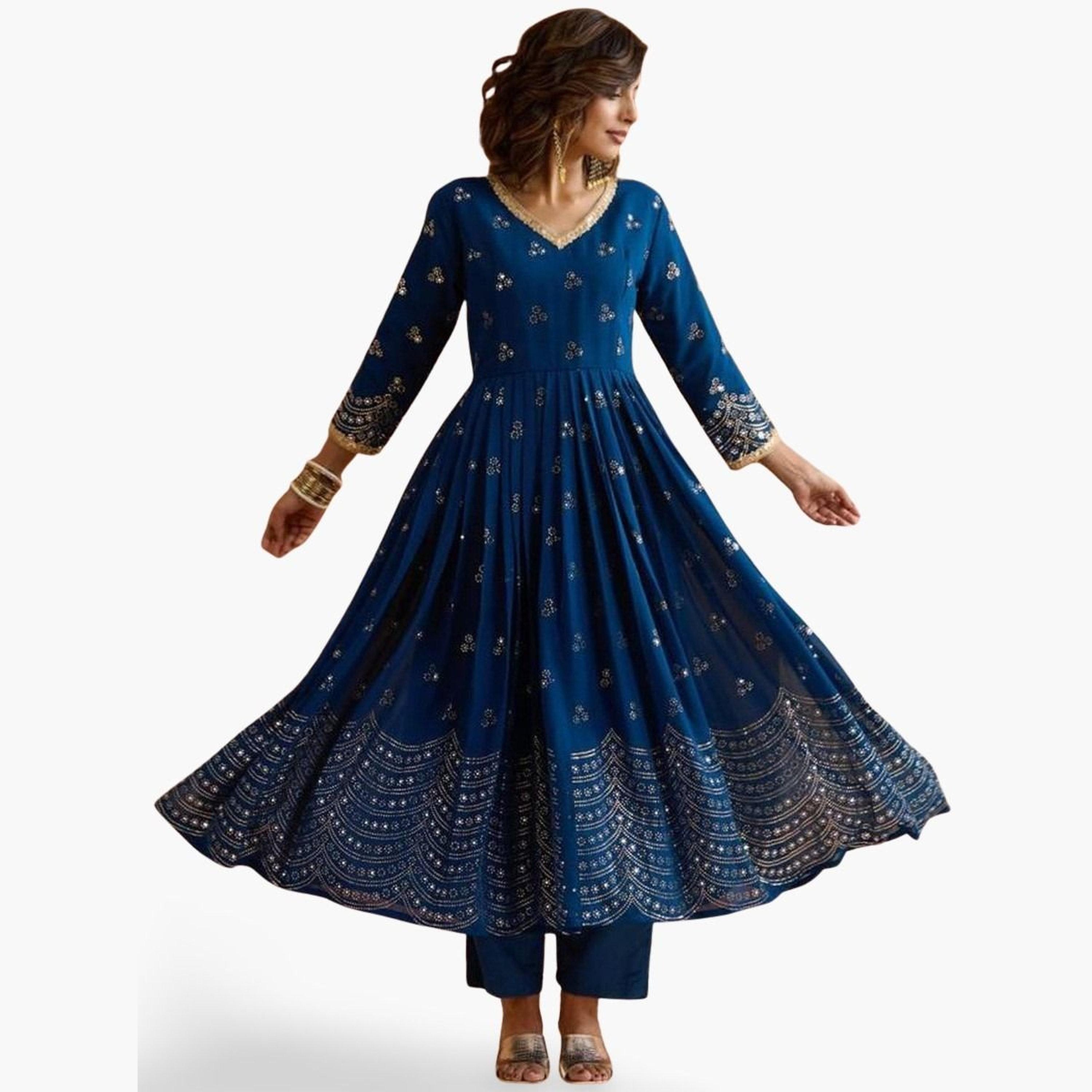 ايشين - كورتا (قميص طويل) وبنطال من قماش جورجيت مطرز باللون الأزرق-women-clothing-ethnicwear-kurtasets-image-1