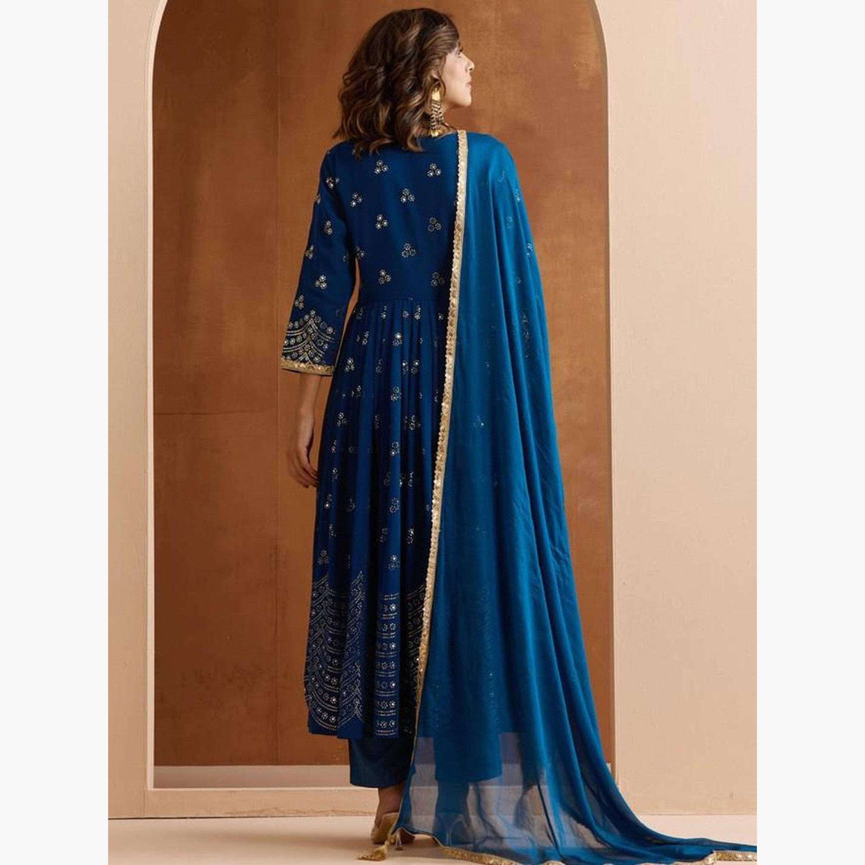 Ishin Blue Embroidered Georgette Kurta and Pant Set-women-clothing-ethnicwear-kurtasets-image-2