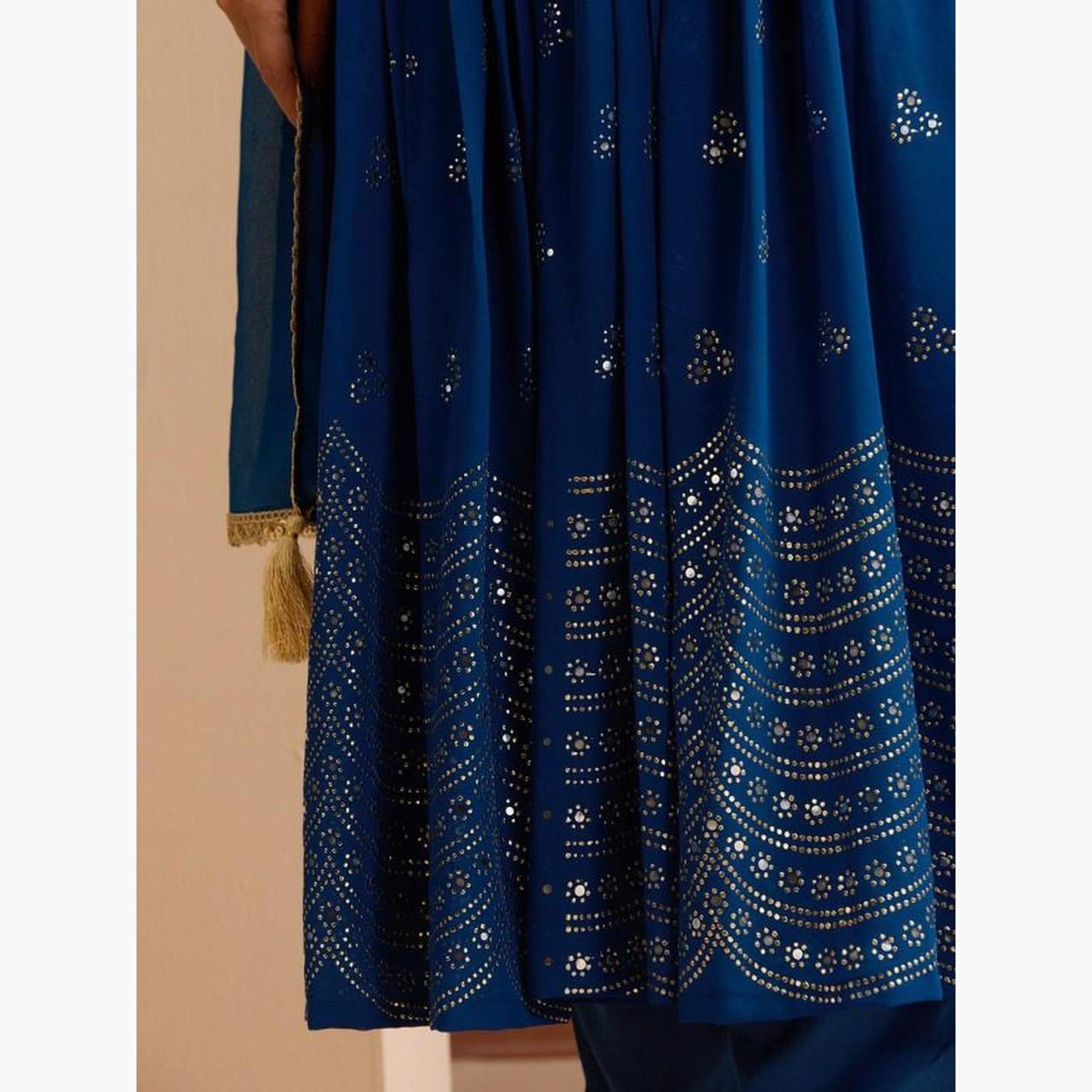 ايشين - كورتا (قميص طويل) وبنطال من قماش جورجيت مطرز باللون الأزرق-women-clothing-ethnicwear-kurtasets-image-3