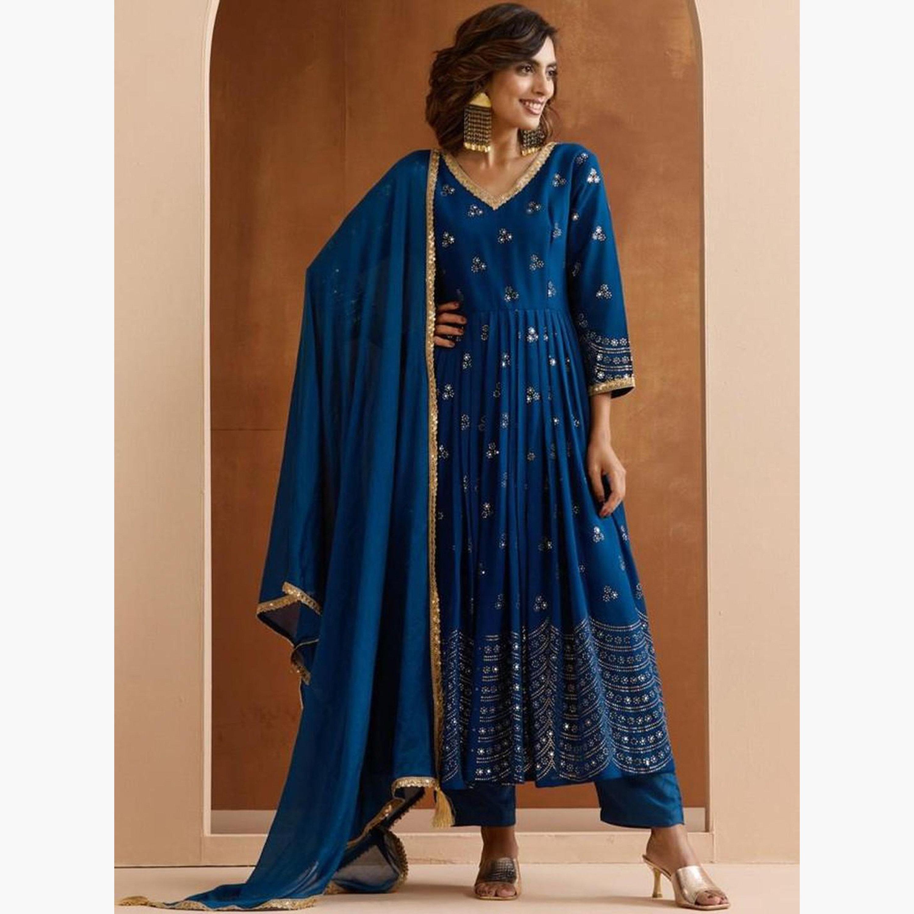 Ishin Blue Embroidered Georgette Kurta and Pant Set-women-clothing-ethnicwear-kurtasets-image-4