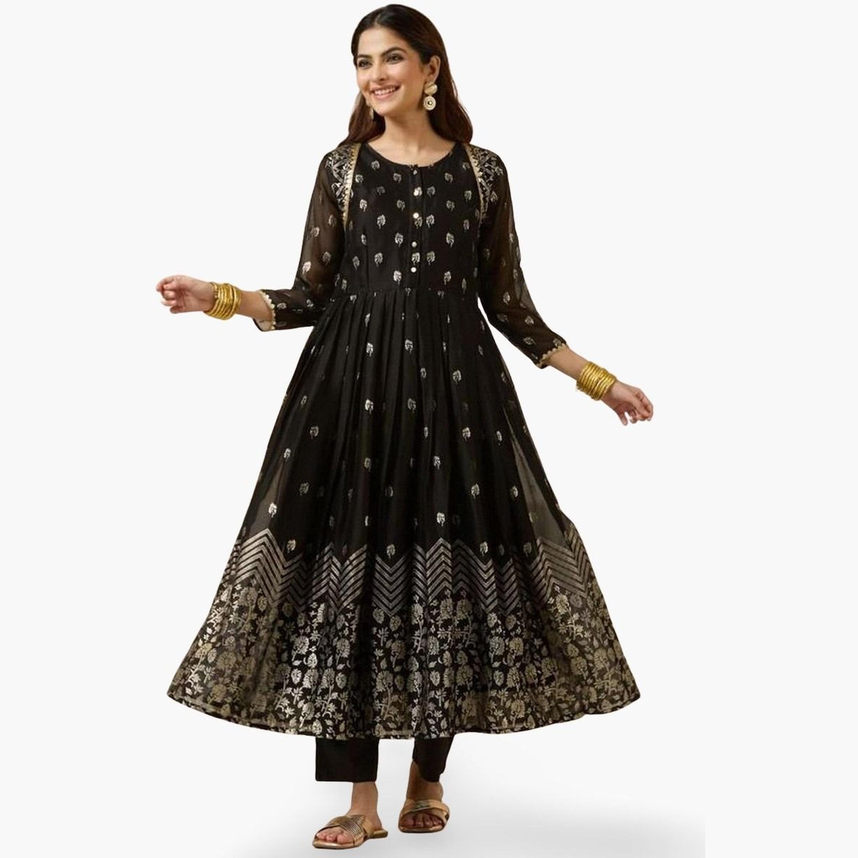 ايشين - كورتا (قميص طويل) من قماش بولي جورجيت أسود مع بنطال و وشاح دوباتا-women-clothing-ethnicwear-kurtasets-image-1