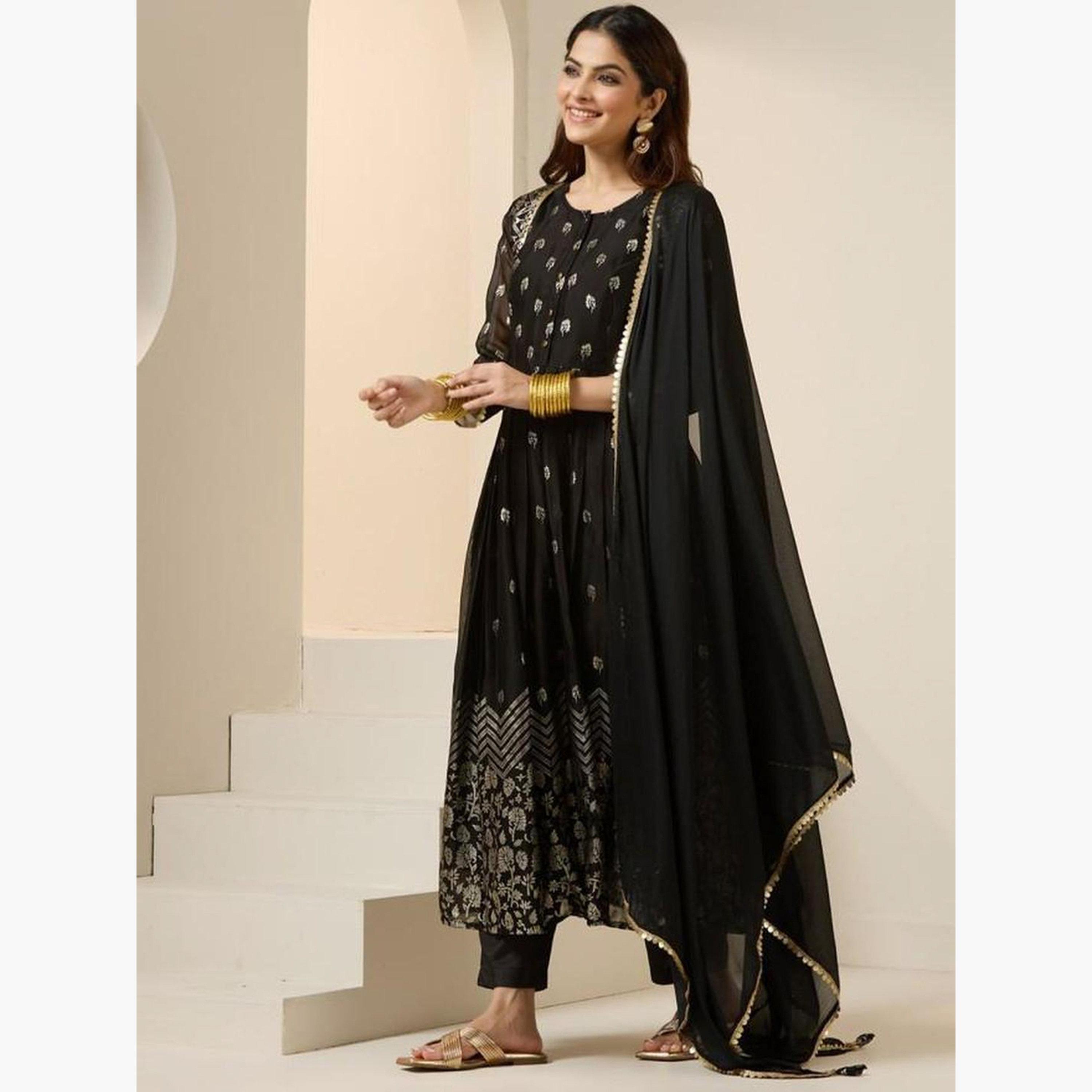 Ishin Black Poly Georgette kurta with Pants and Dupatta Set-women-clothing-ethnicwear-kurtasets-image-3
