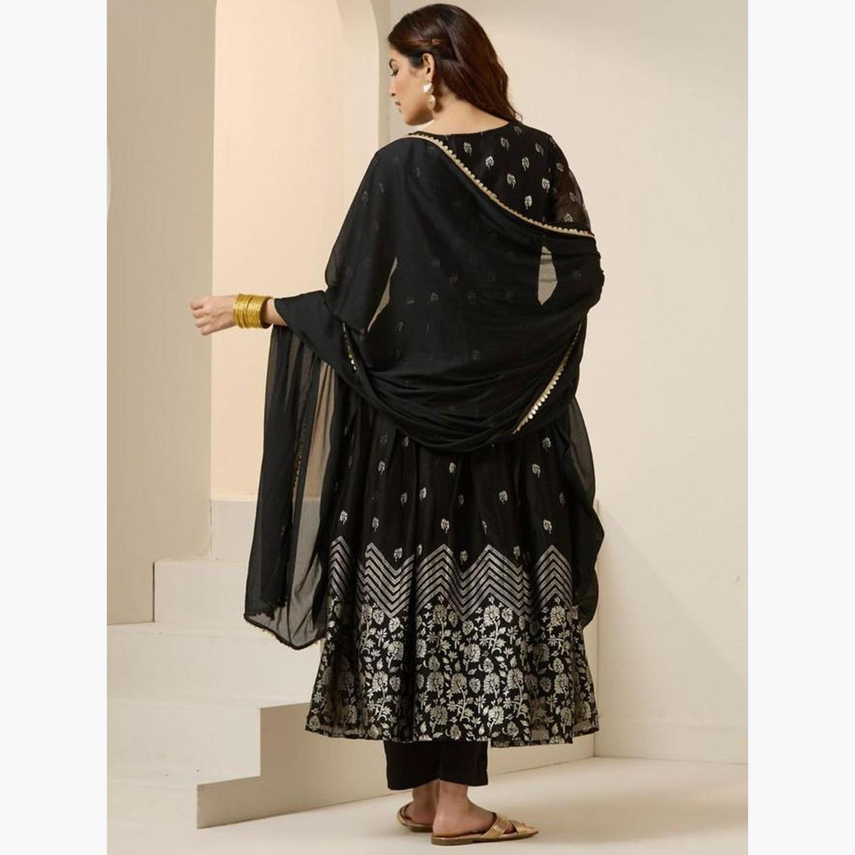 ايشين - كورتا (قميص طويل) من قماش بولي جورجيت أسود مع بنطال و وشاح دوباتا-women-clothing-ethnicwear-kurtasets-image-4