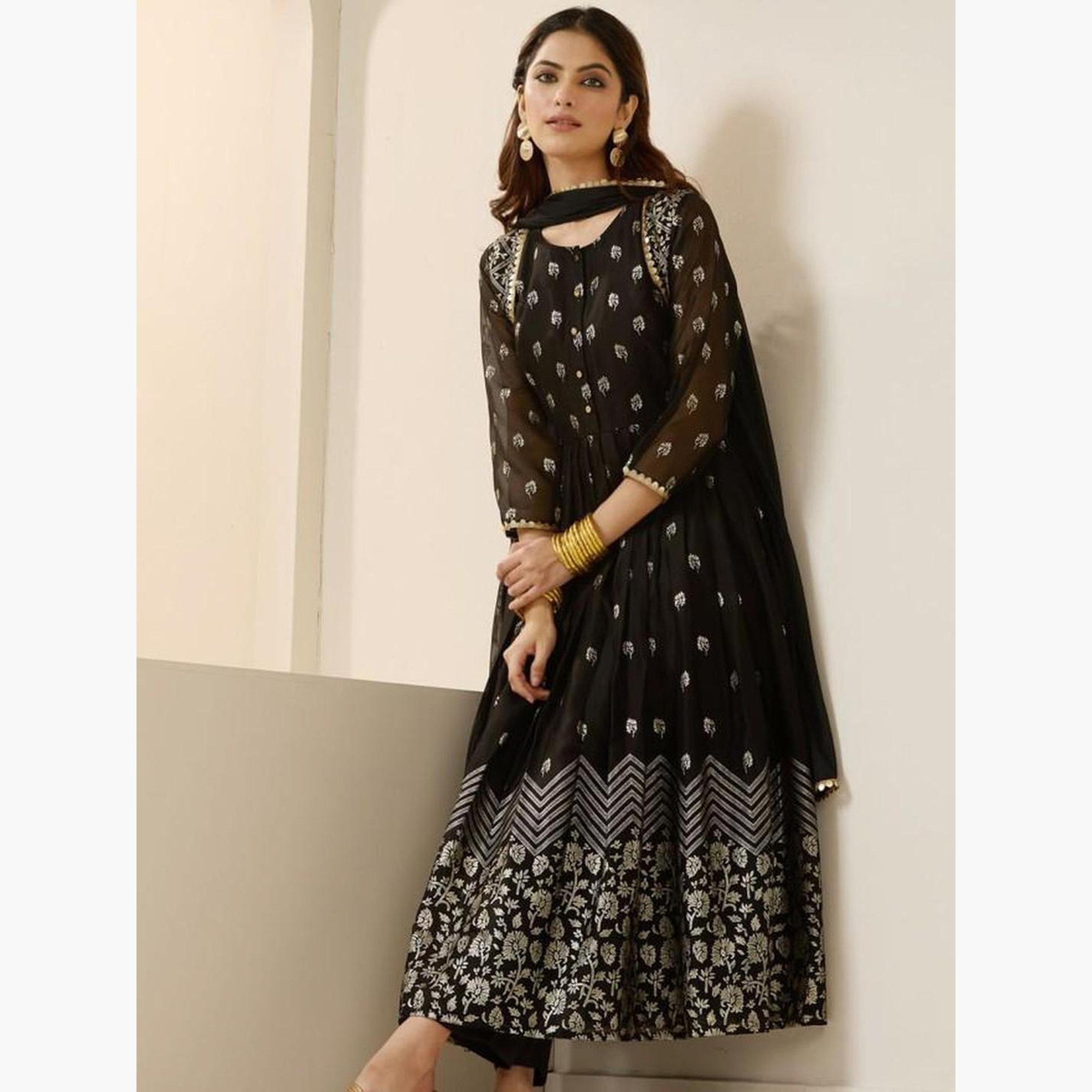 ايشين - كورتا (قميص طويل) من قماش بولي جورجيت أسود مع بنطال و وشاح دوباتا-women-clothing-ethnicwear-kurtasets-image-5