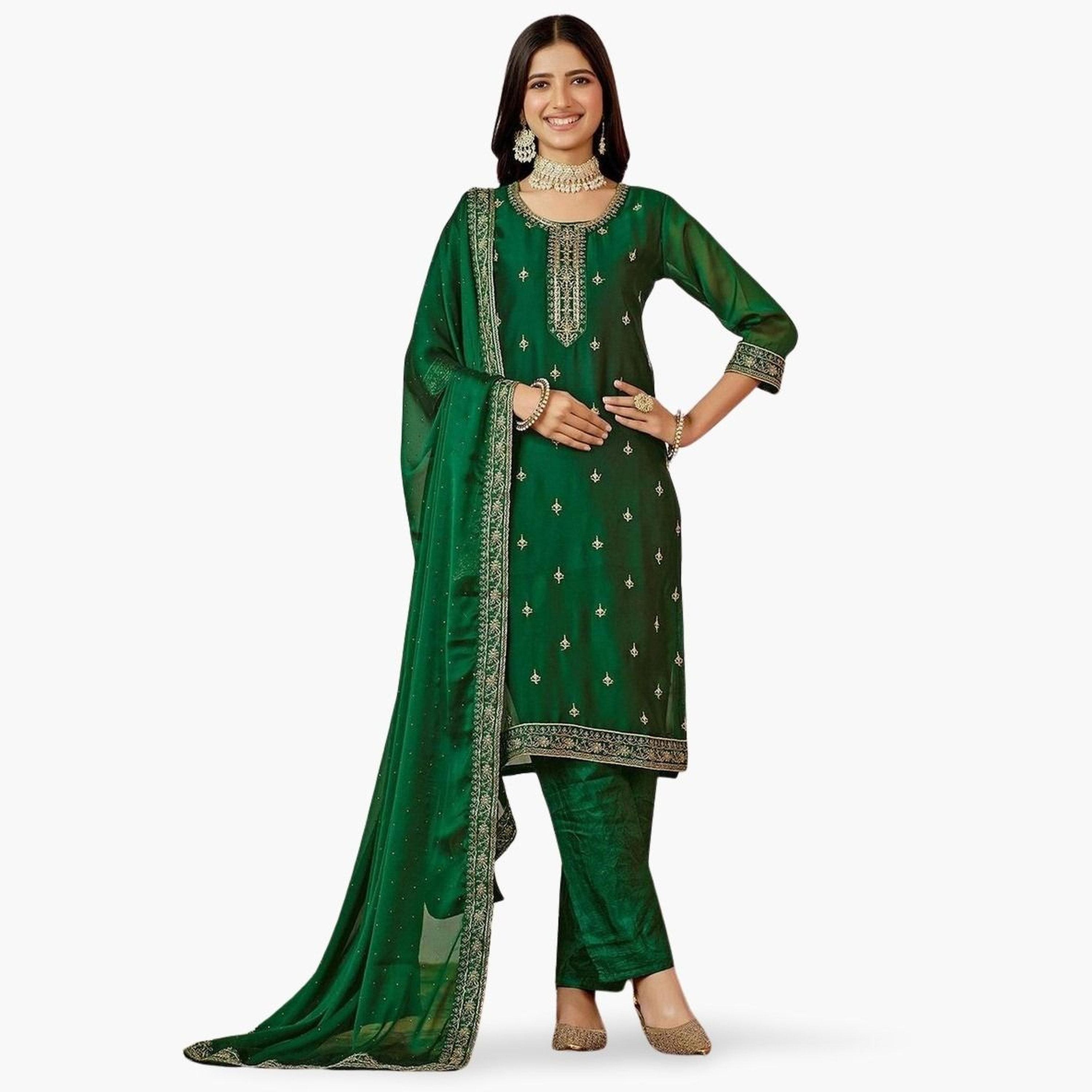 Ishin Green Silk Kurta with Pants and Dupatta Set-women-clothing-ethnicwear-kurtasets-image-1