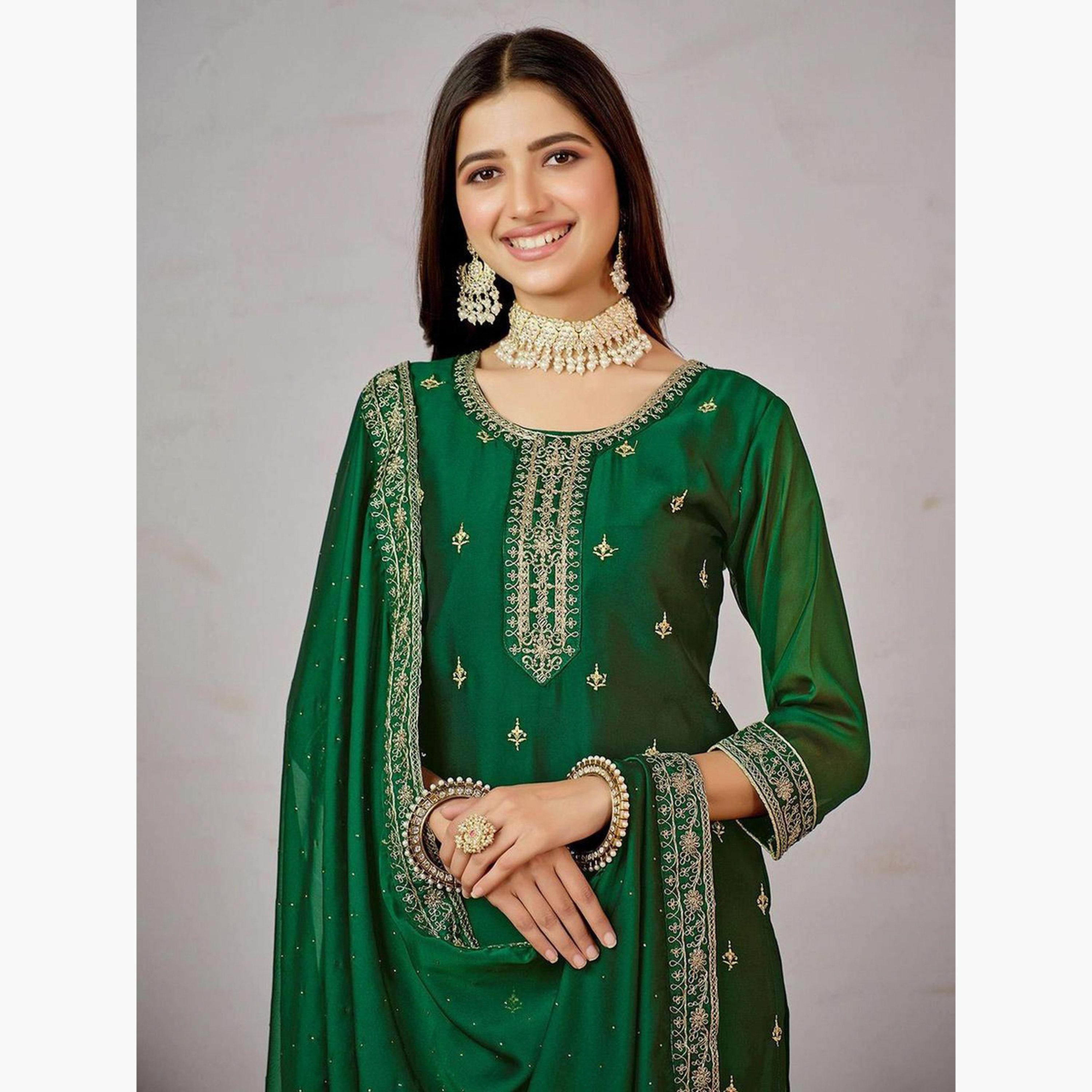 ايشين - كورتا (قميص طويل) حرير أخضر مع بنطال ووشاح دوباتا-women-clothing-ethnicwear-kurtasets-image-2