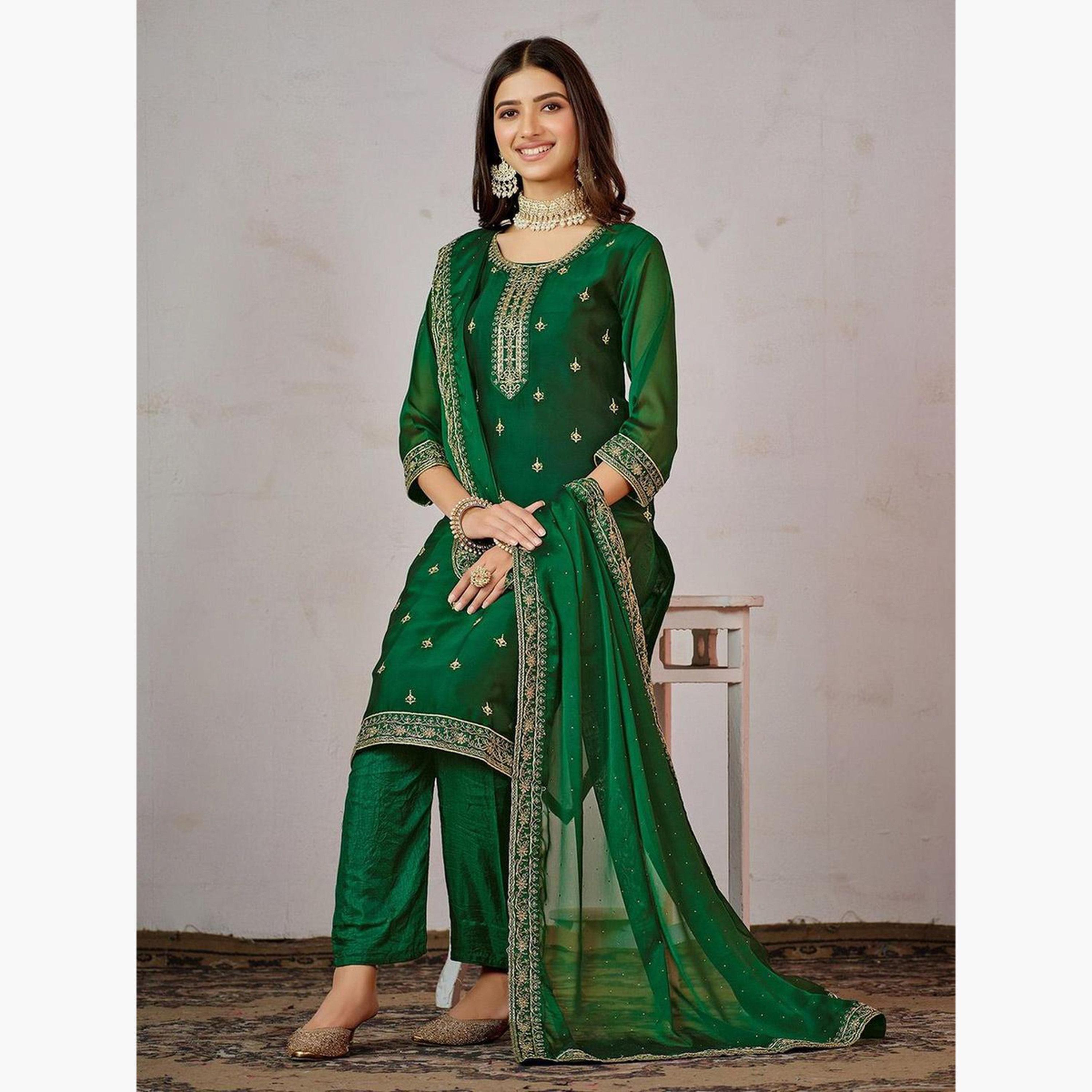 Ishin Green Silk Kurta with Pants and Dupatta Set-women-clothing-ethnicwear-kurtasets-image-3