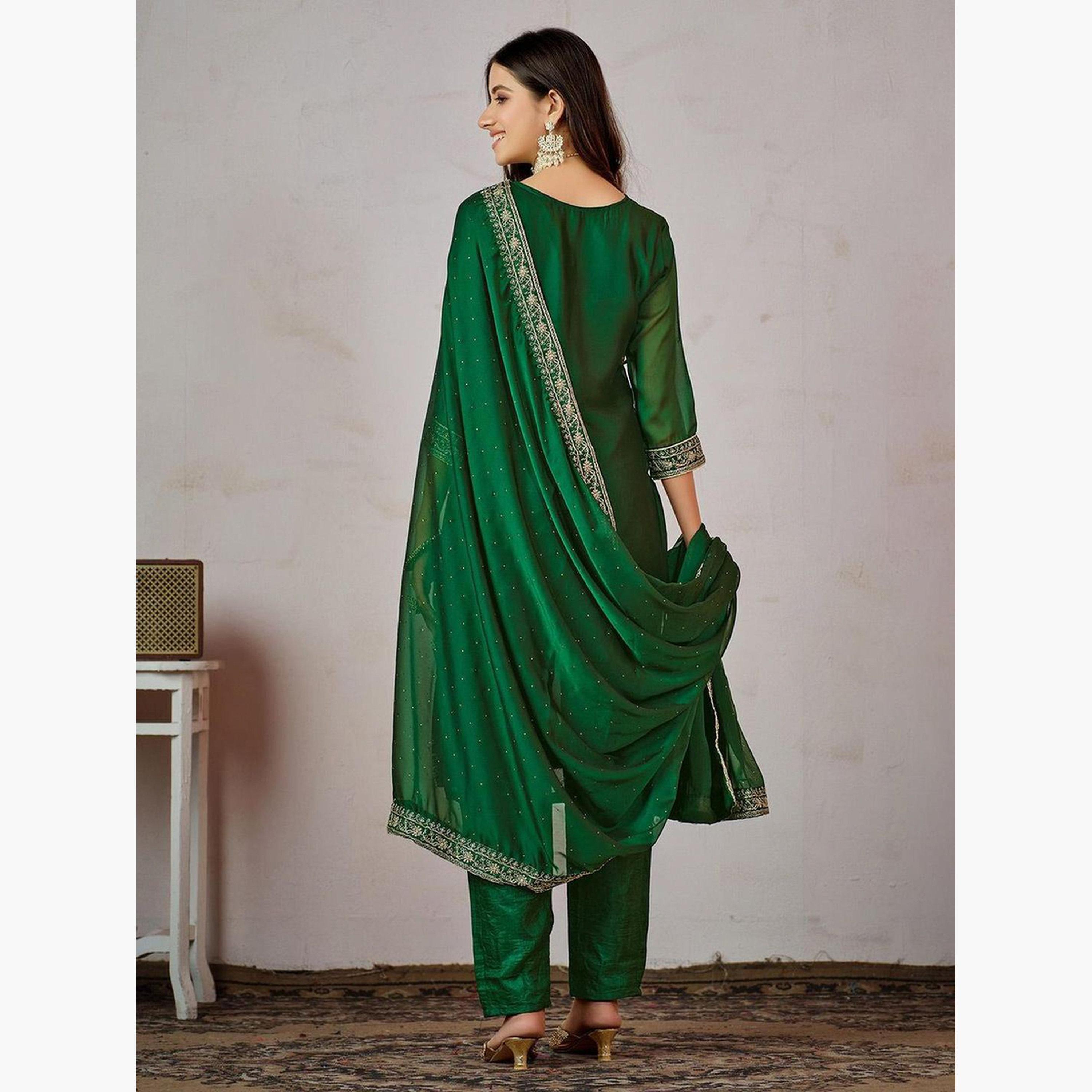 ايشين - كورتا (قميص طويل) حرير أخضر مع بنطال ووشاح دوباتا-women-clothing-ethnicwear-kurtasets-image-4
