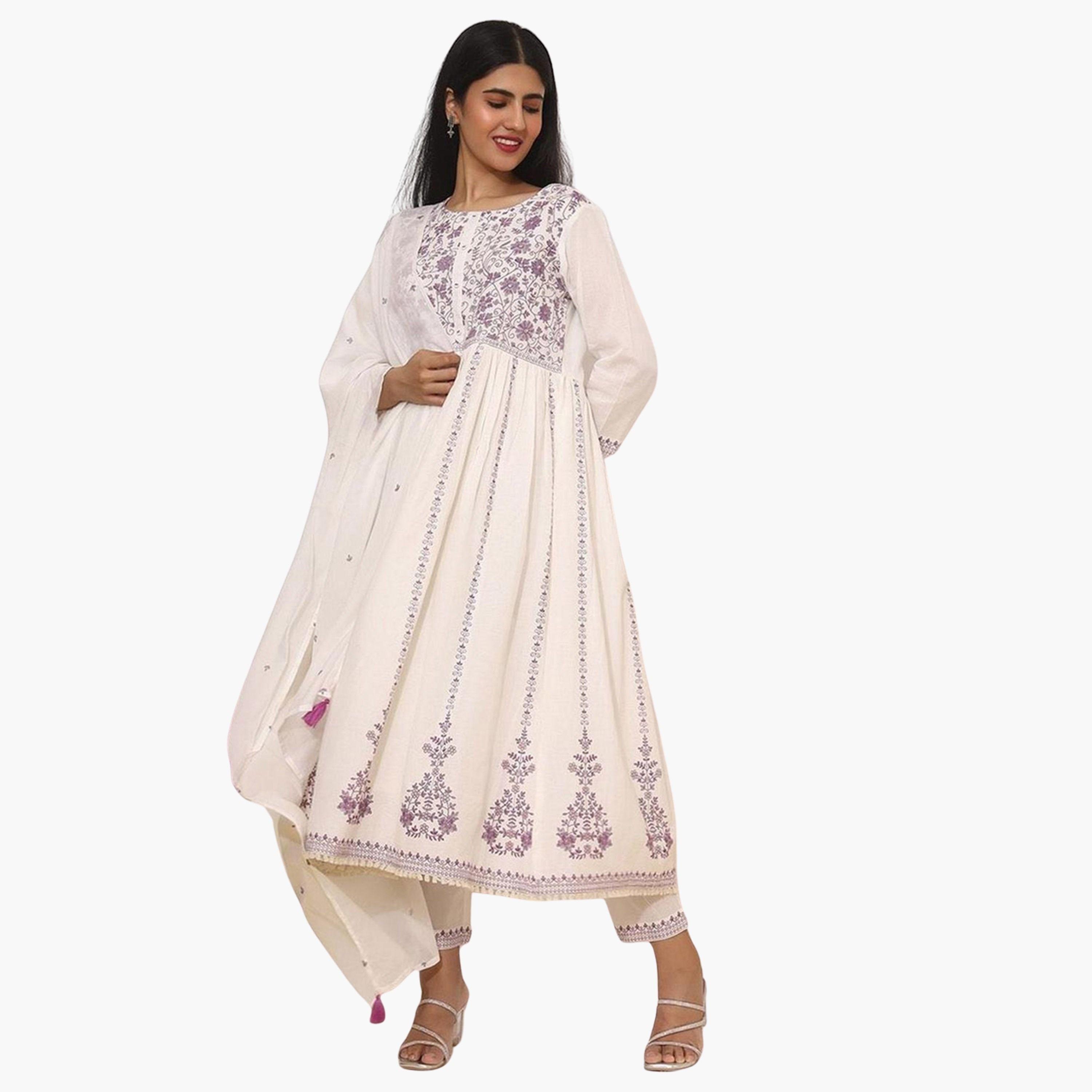 إيشين - طقم كورتا من مزيج القطن الأبيض مع بنطال ووشاح-women-clothing-ethnicwear-kurtasets-image-1