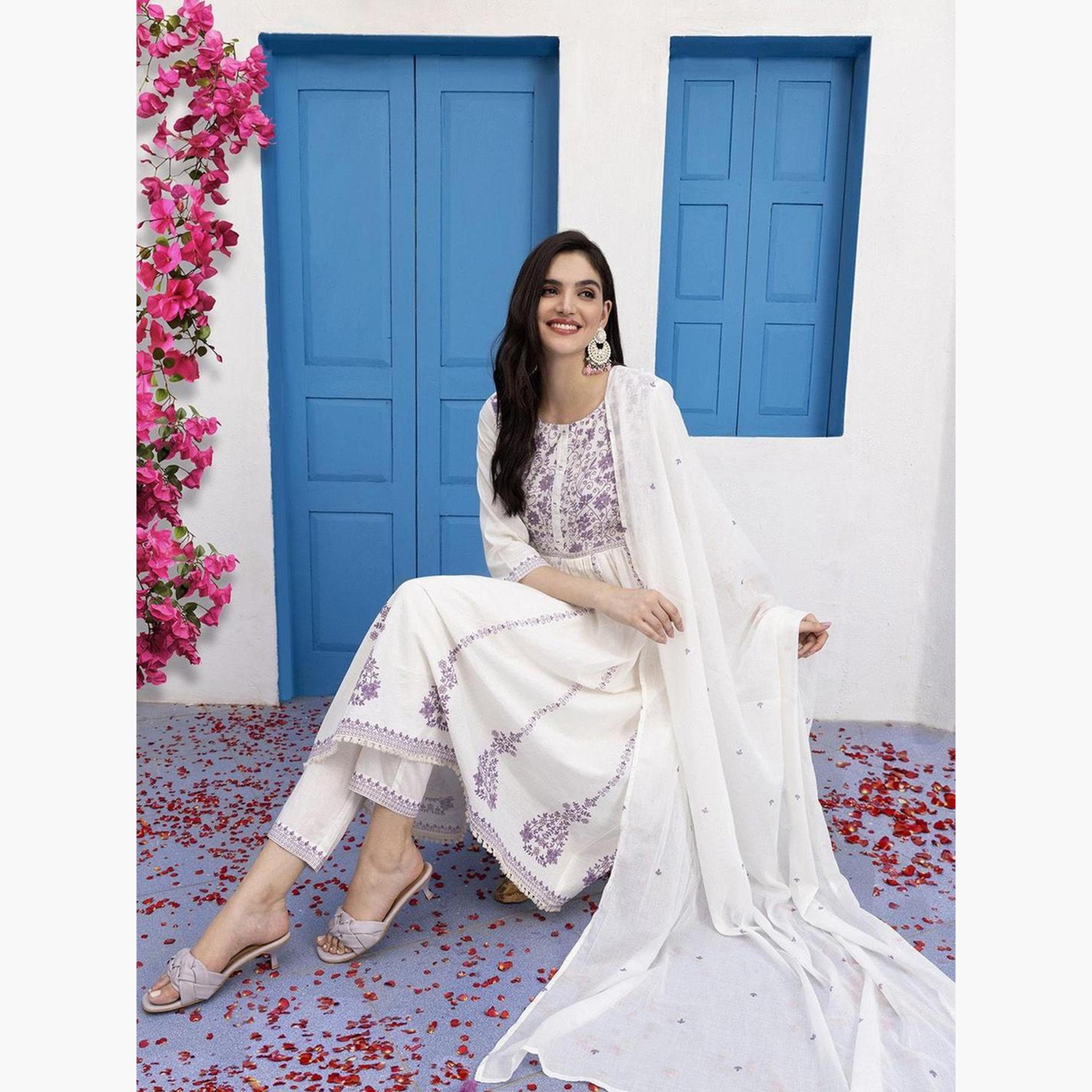 إيشين - طقم كورتا من مزيج القطن الأبيض مع بنطال ووشاح-women-clothing-ethnicwear-kurtasets-image-2
