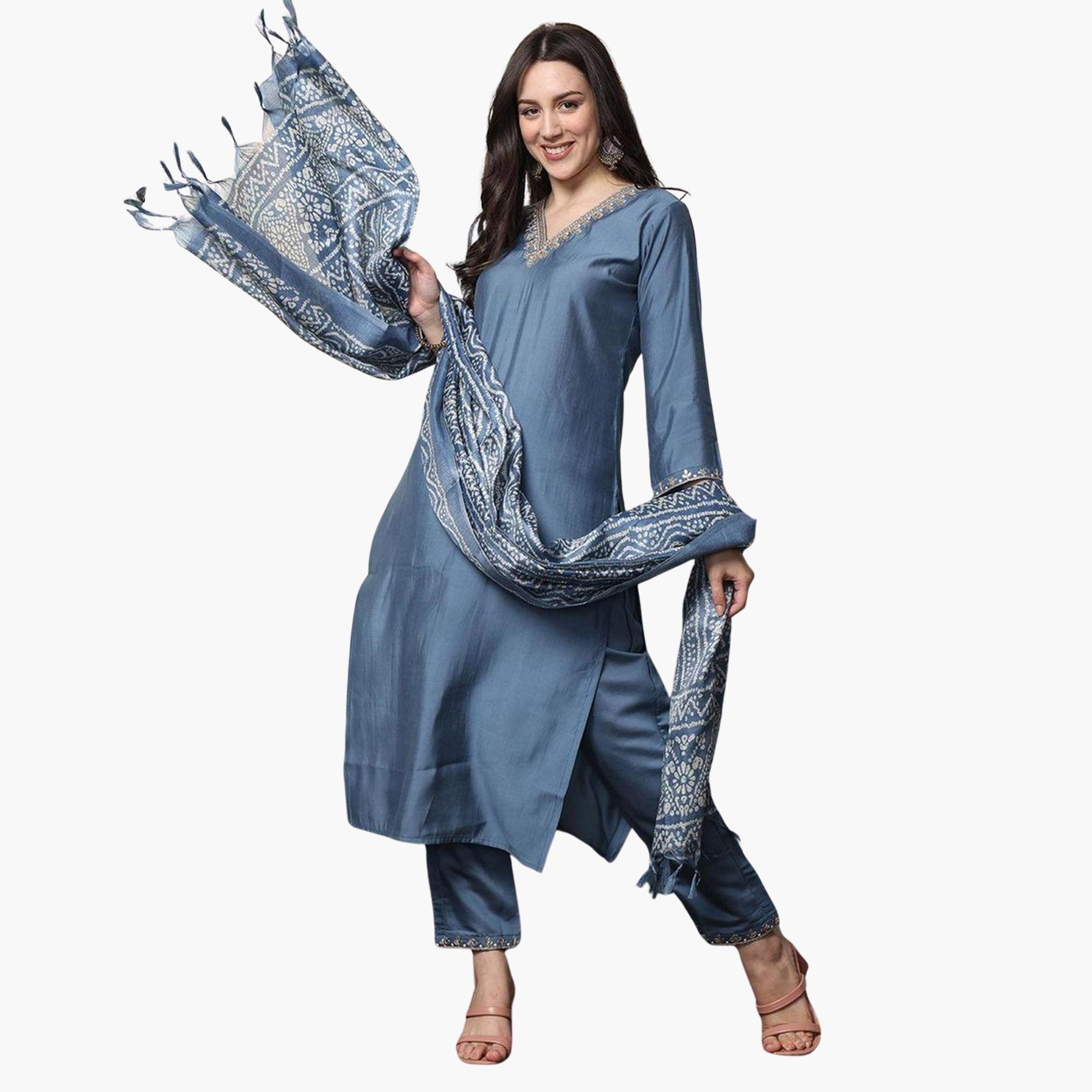 إيشين - طقم كورتا من مزيج الحرير الرمادي مع بنطال ووشاح-women-clothing-ethnicwear-kurtasets-image-1