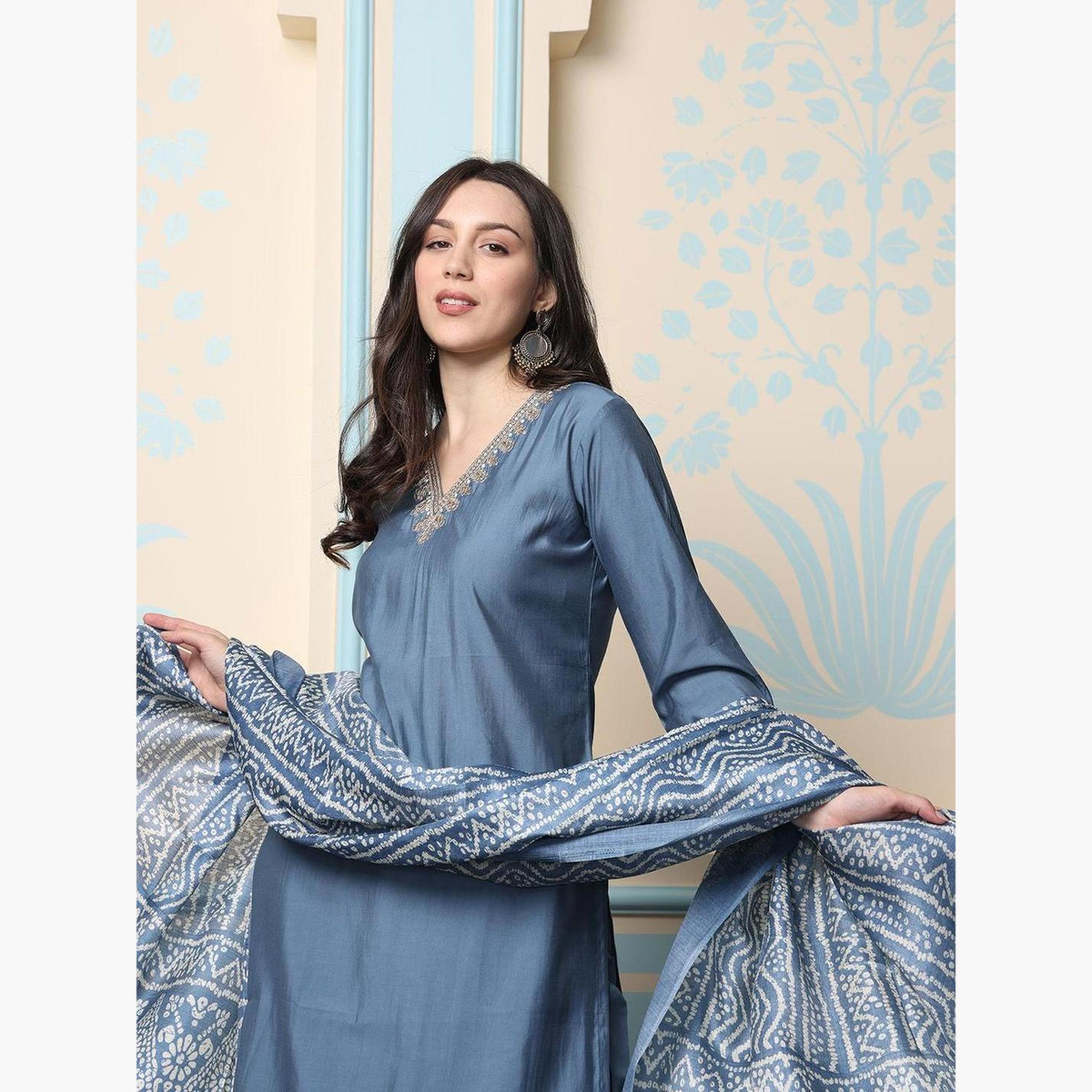 إيشين - طقم كورتا من مزيج الحرير الرمادي مع بنطال ووشاح-women-clothing-ethnicwear-kurtasets-image-2