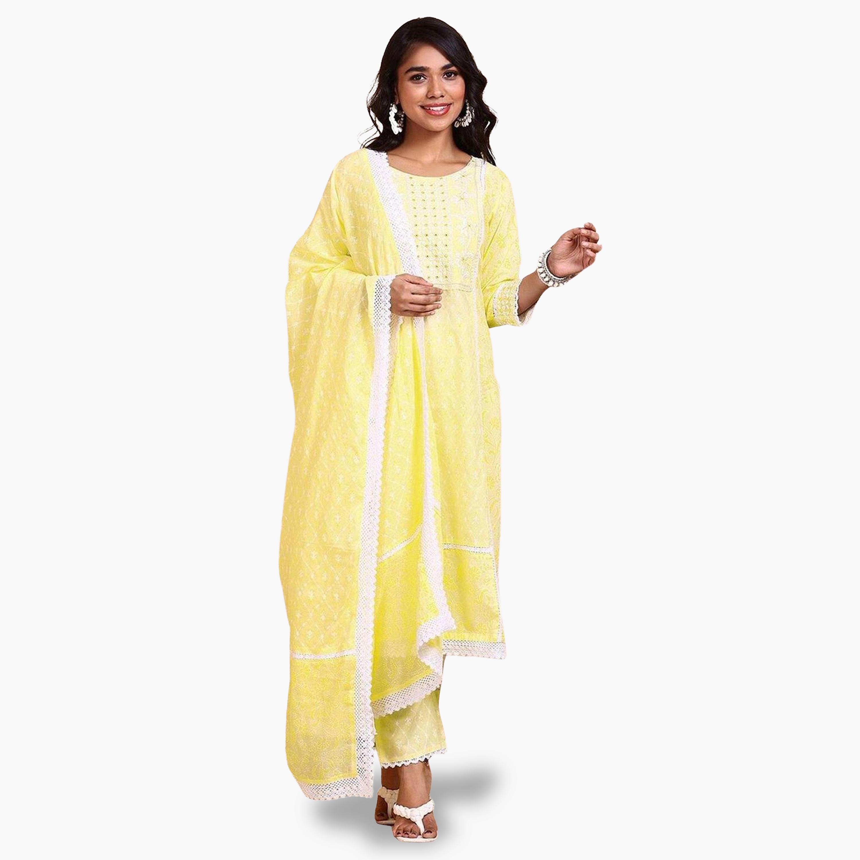 Ishin Women Yellow Cotton Kurta with Trousers and Dupatta Set-women-clothing-ethnicwear-kurtasets-image-1
