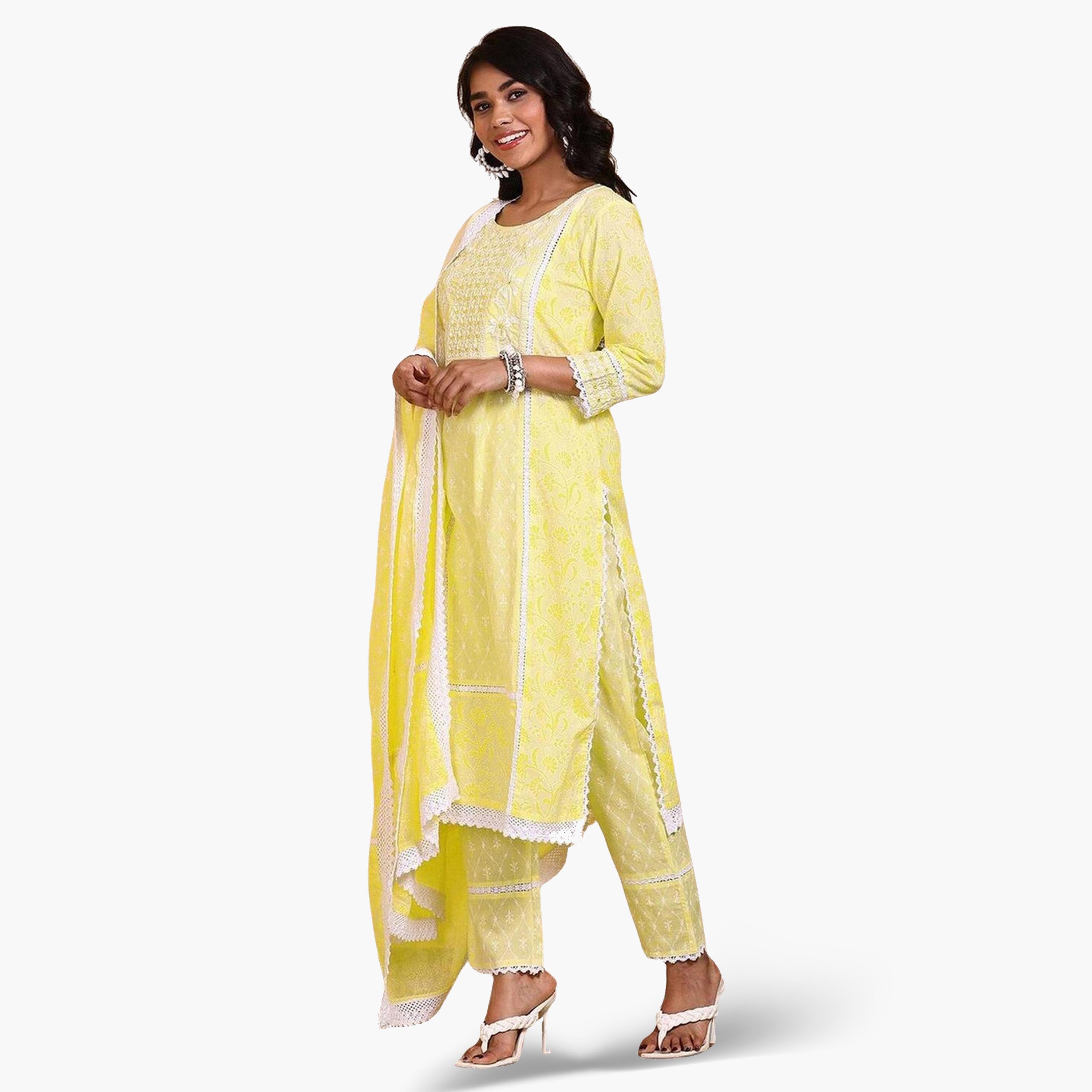 Ishin Women Yellow Cotton Kurta with Trousers and Dupatta Set-women-clothing-ethnicwear-kurtasets-image-2
