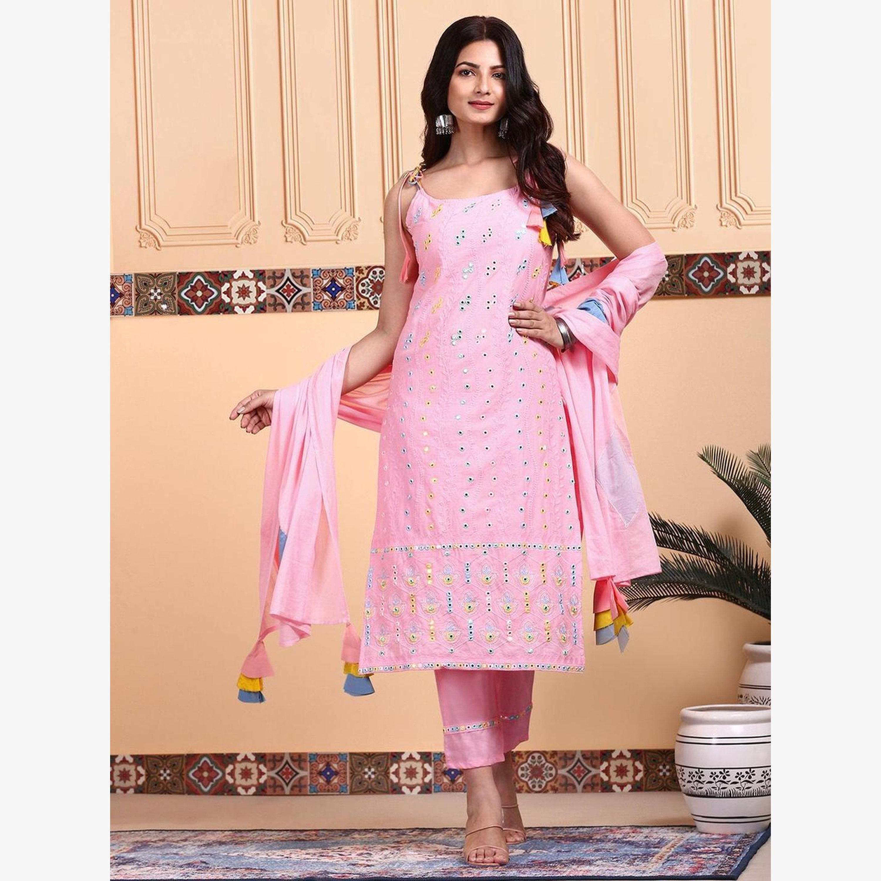 طقم كورتا قطن وبنطال مع دوباتا-women-clothing-ethnicwear-kurtasets-image-2