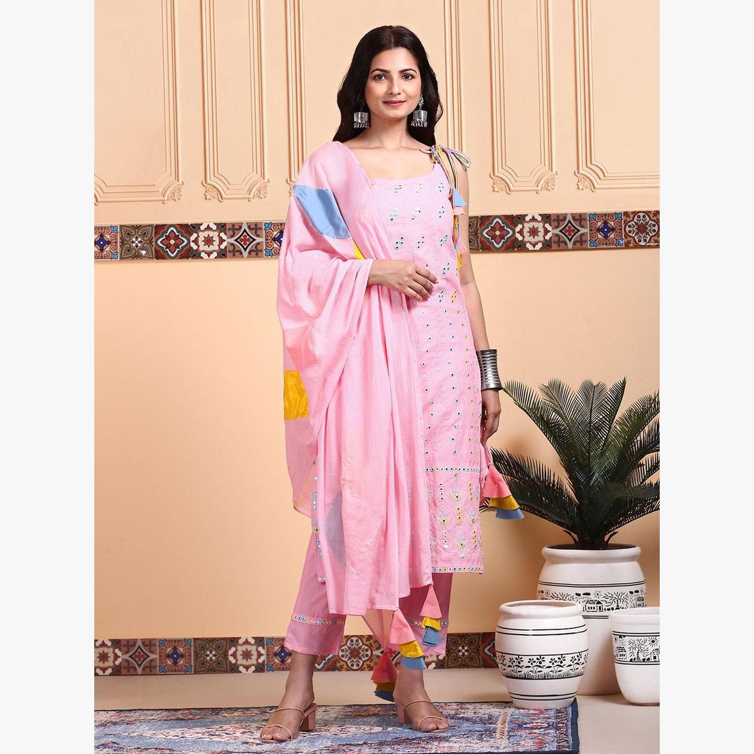 Ishin Women Pink Cotton Kurta with Pants and Dupatta Set-women-clothing-ethnicwear-kurtasets-image-4