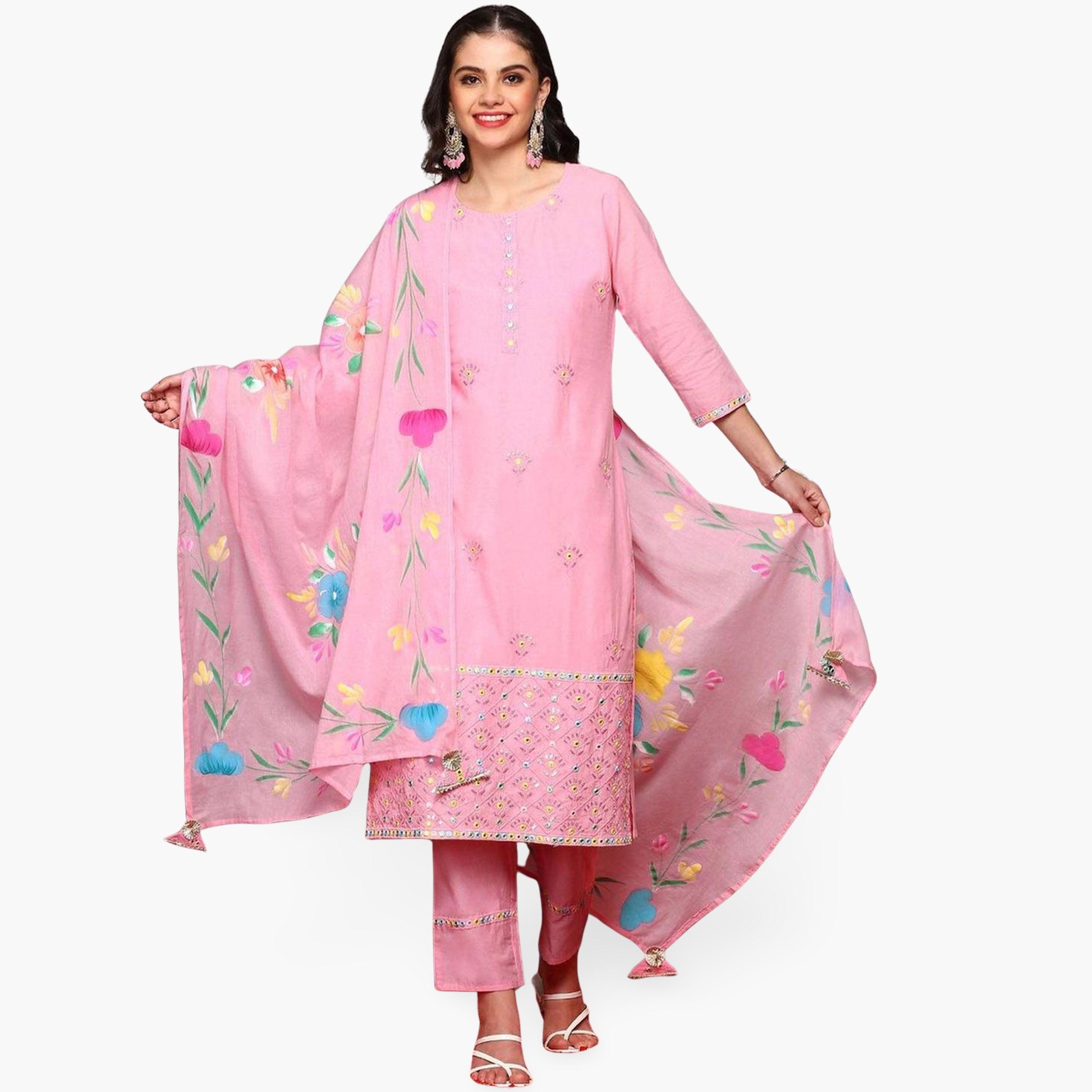طقم كورتا قطن وبنطال مع دوباتا-women-clothing-ethnicwear-kurtasets-image-1