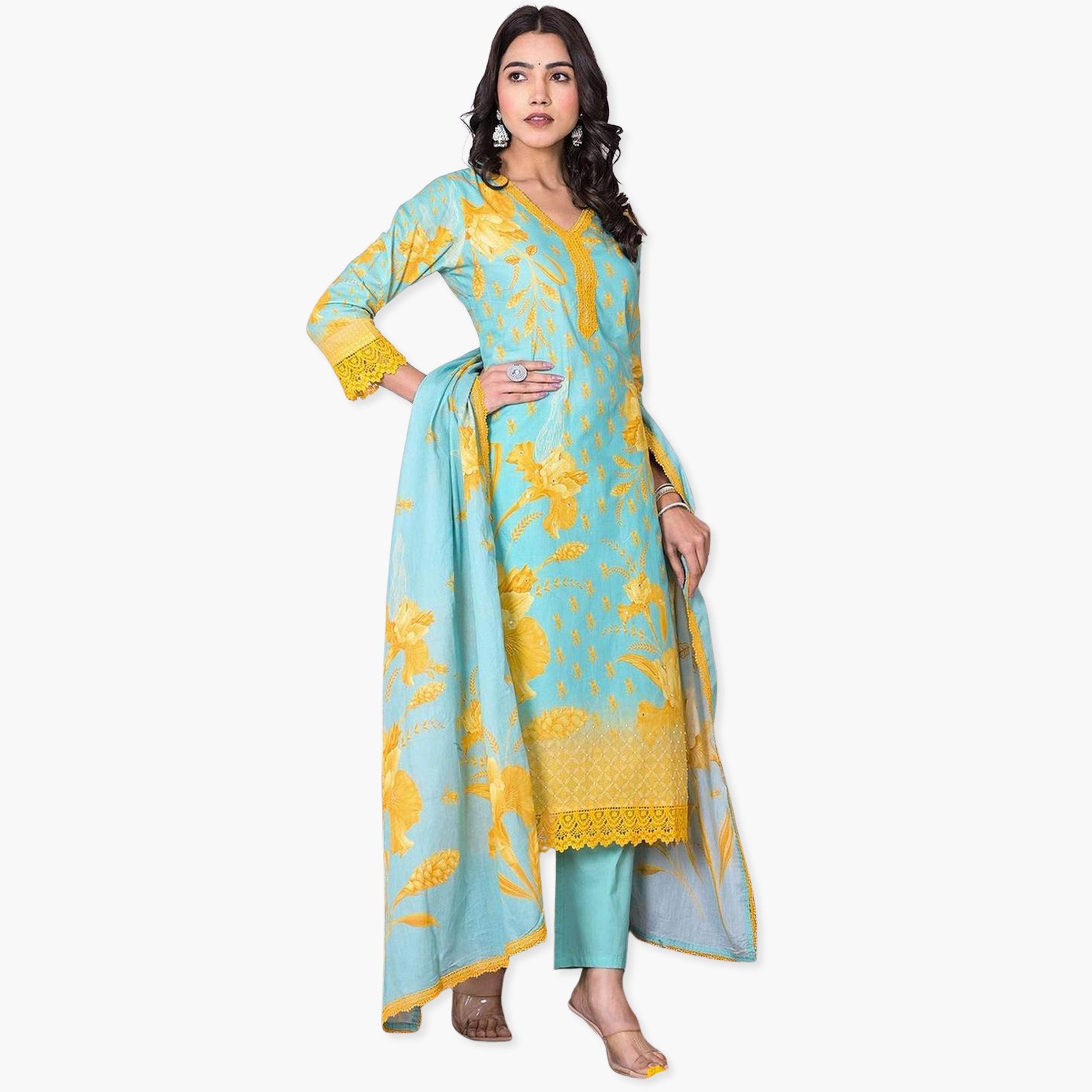 Ishin Women Cotton Lace Hem Kurta with Pants and Dupatta Set-women-clothing-ethnicwear-kurtasets-image-1