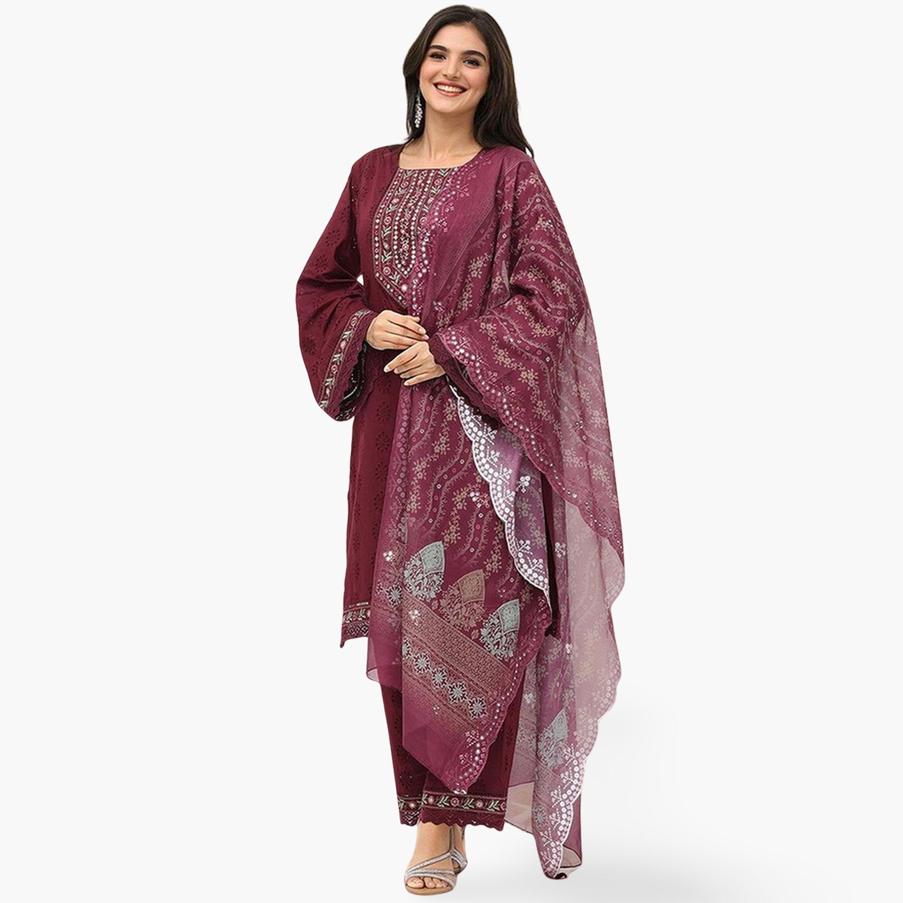 Ishin Women Wine Cotton Kurta with Pants and Dupatta Set-women-clothing-ethnicwear-kurtasets-image-1