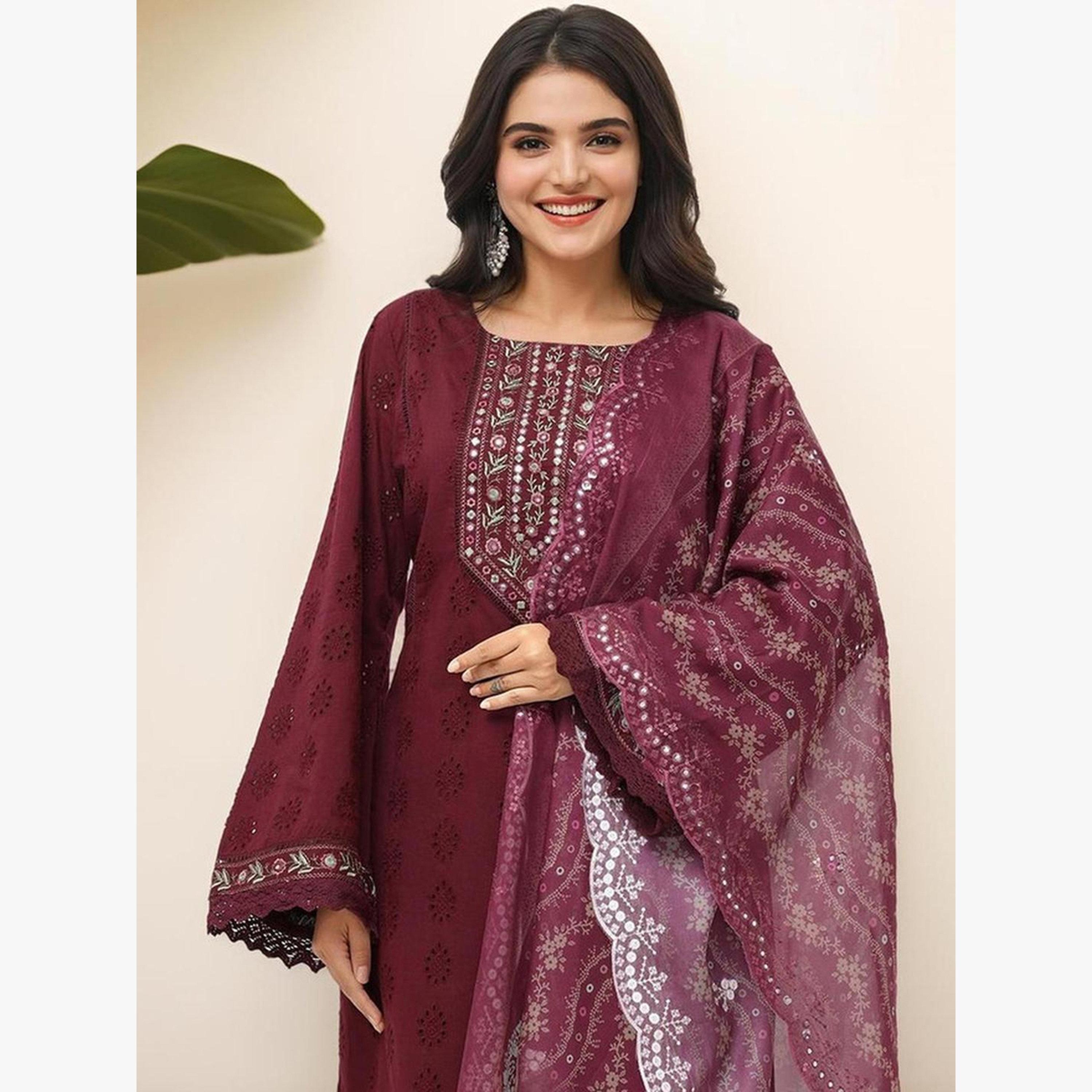 Ishin Women Wine Cotton Kurta with Pants and Dupatta Set-women-clothing-ethnicwear-kurtasets-image-2