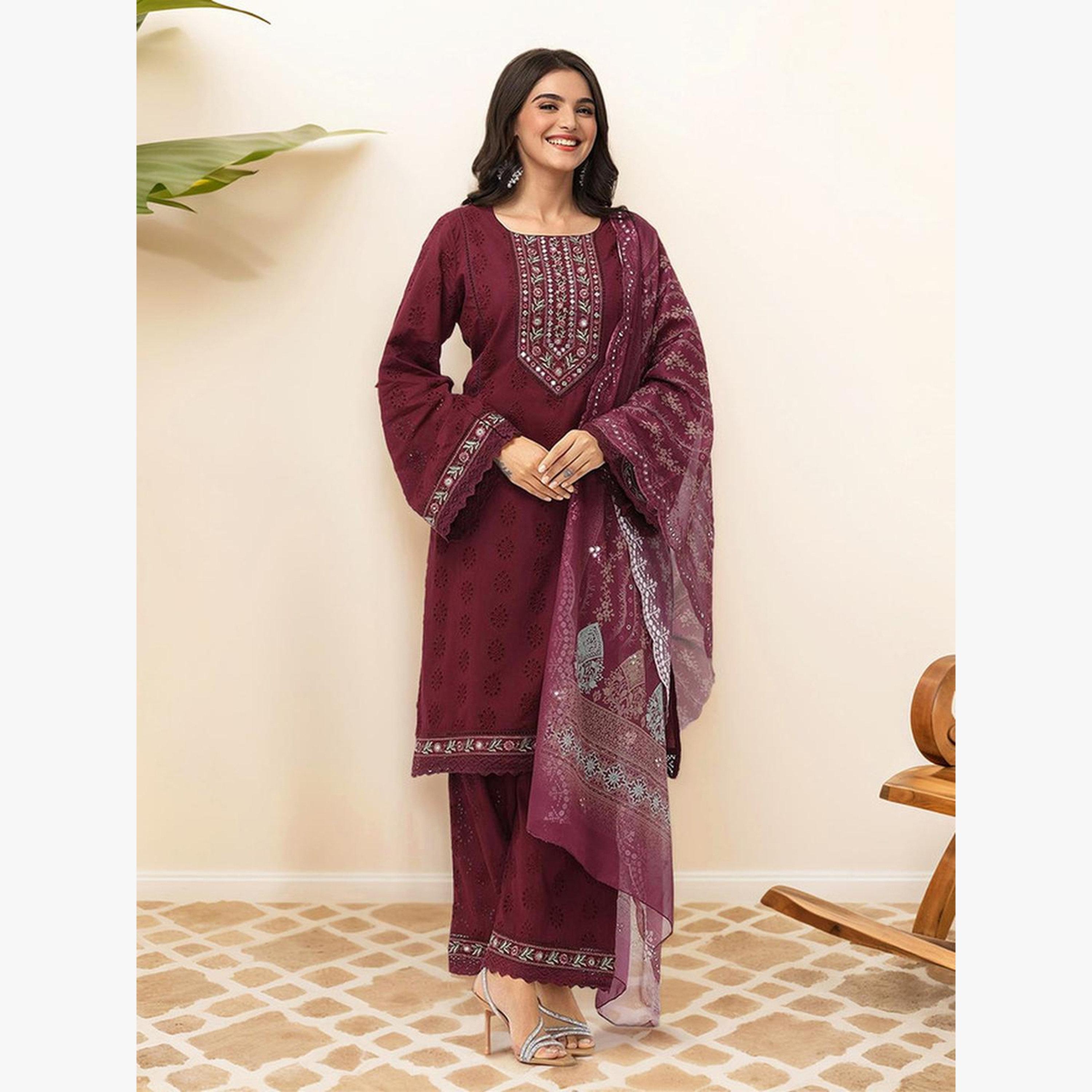 Ishin Women Wine Cotton Kurta with Pants and Dupatta Set-women-clothing-ethnicwear-kurtasets-image-3