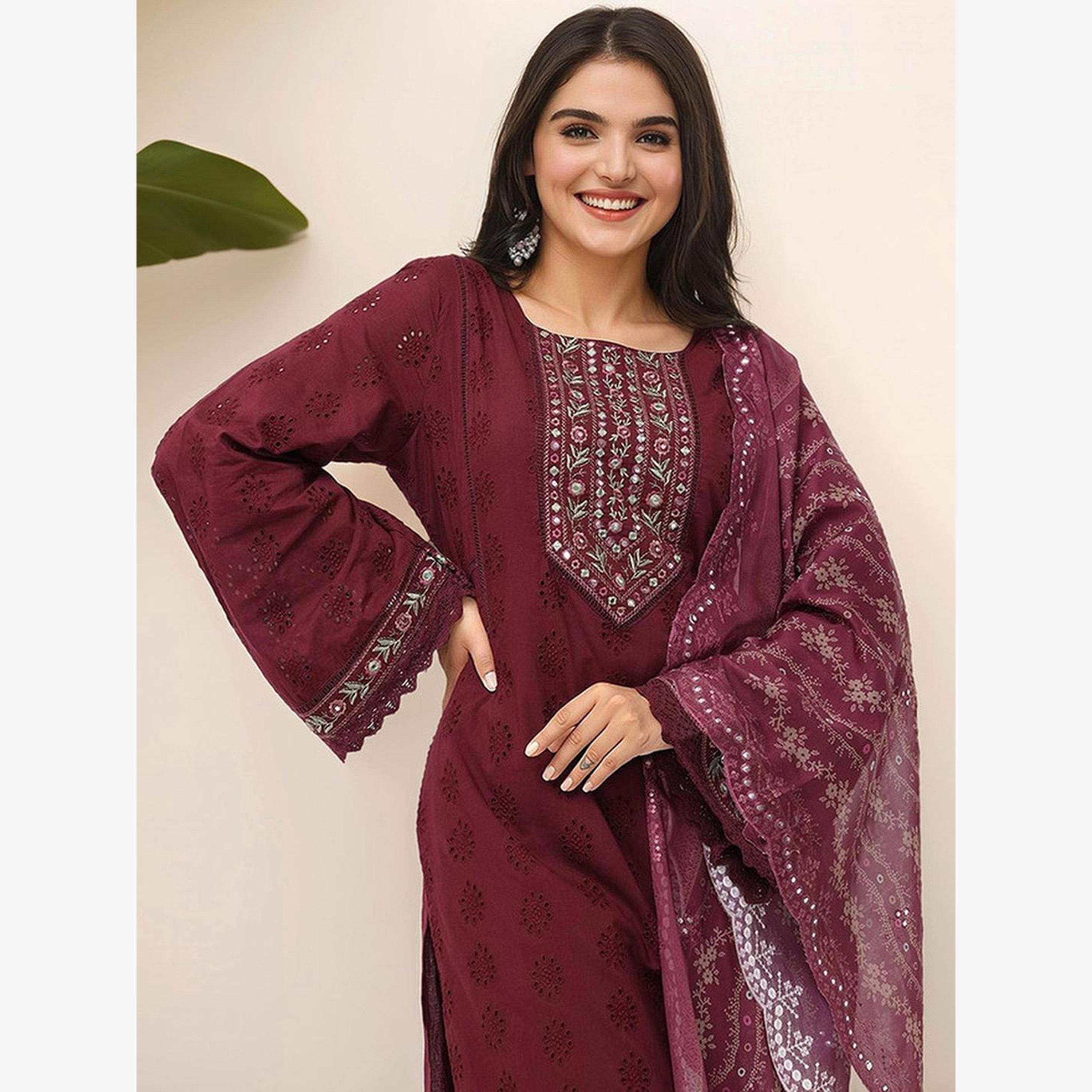 Ishin Women Wine Cotton Kurta with Pants and Dupatta Set-women-clothing-ethnicwear-kurtasets-image-4