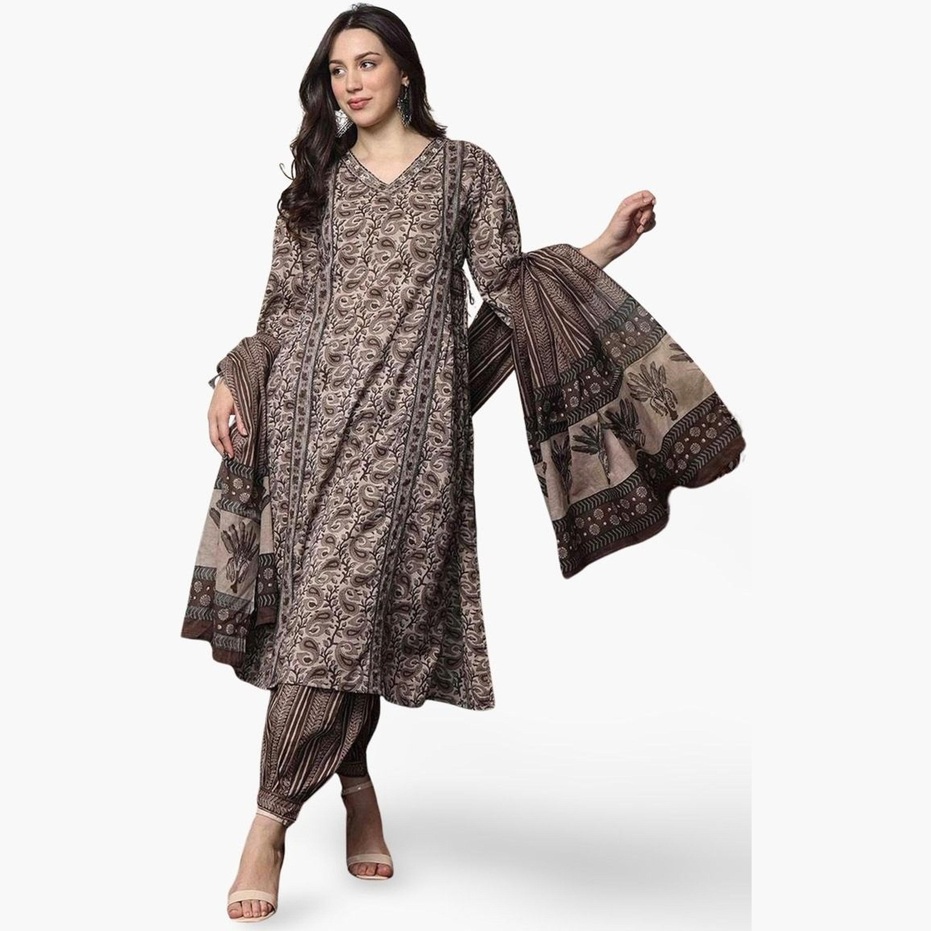 ايشين - كورتا (قميص طويل) وبنطال ووشاح دوباتا من القطن باللون البني-women-clothing-ethnicwear-kurtasets-image-1