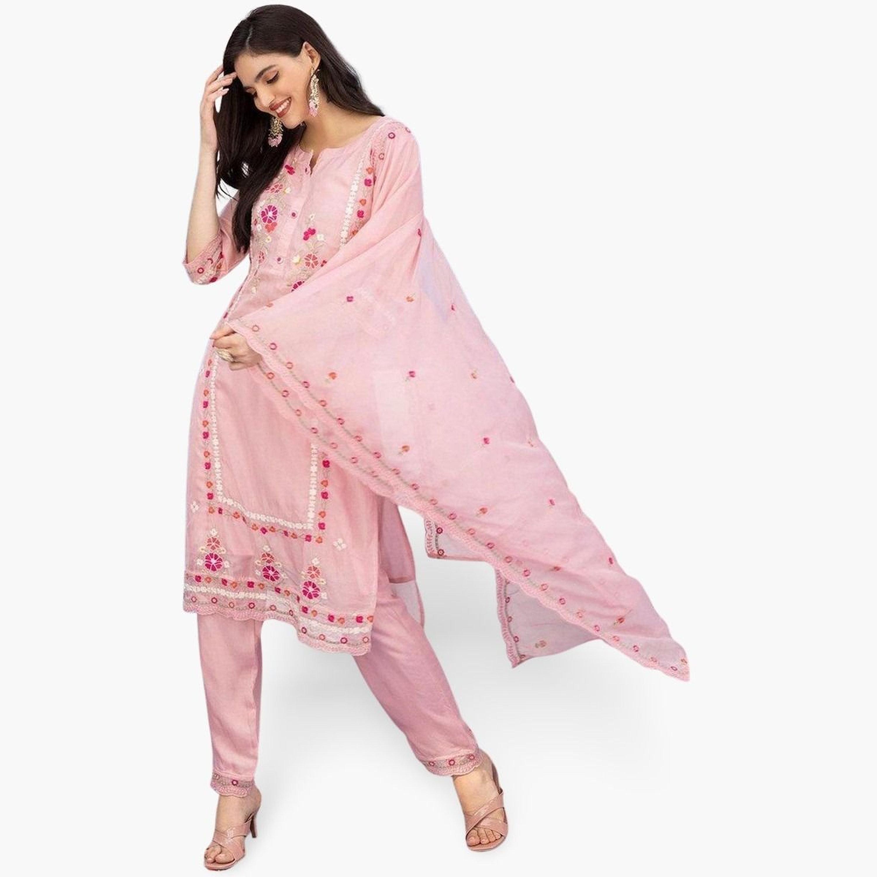 ايشين - كورتا (قميص طويل) أورجانزا وردي مع بنطال ووشاح دوباتا-women-clothing-ethnicwear-kurtasets-image-1