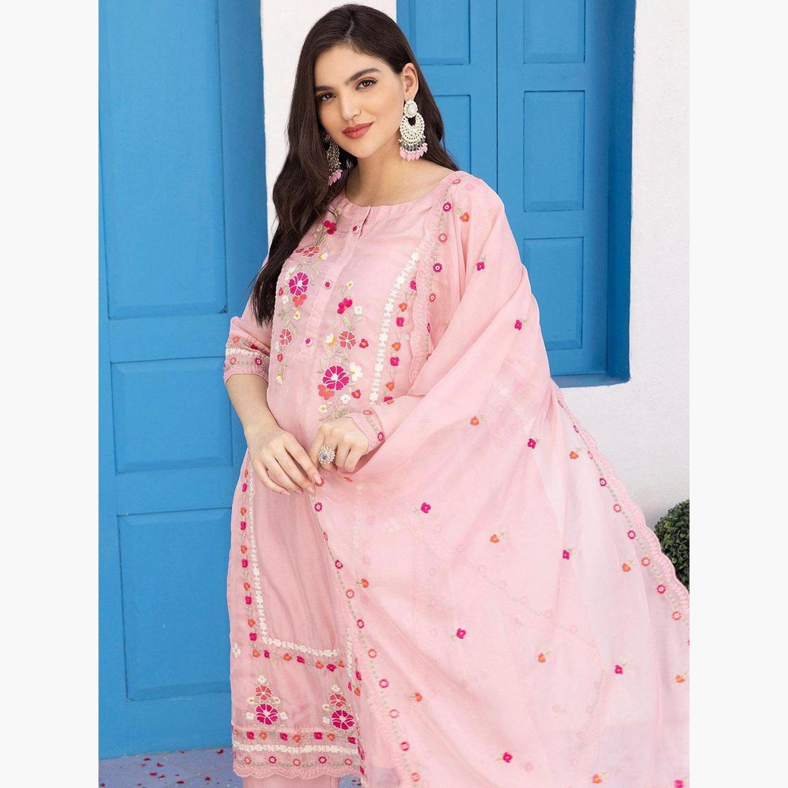 ايشين - كورتا (قميص طويل) أورجانزا وردي مع بنطال ووشاح دوباتا-women-clothing-ethnicwear-kurtasets-image-2