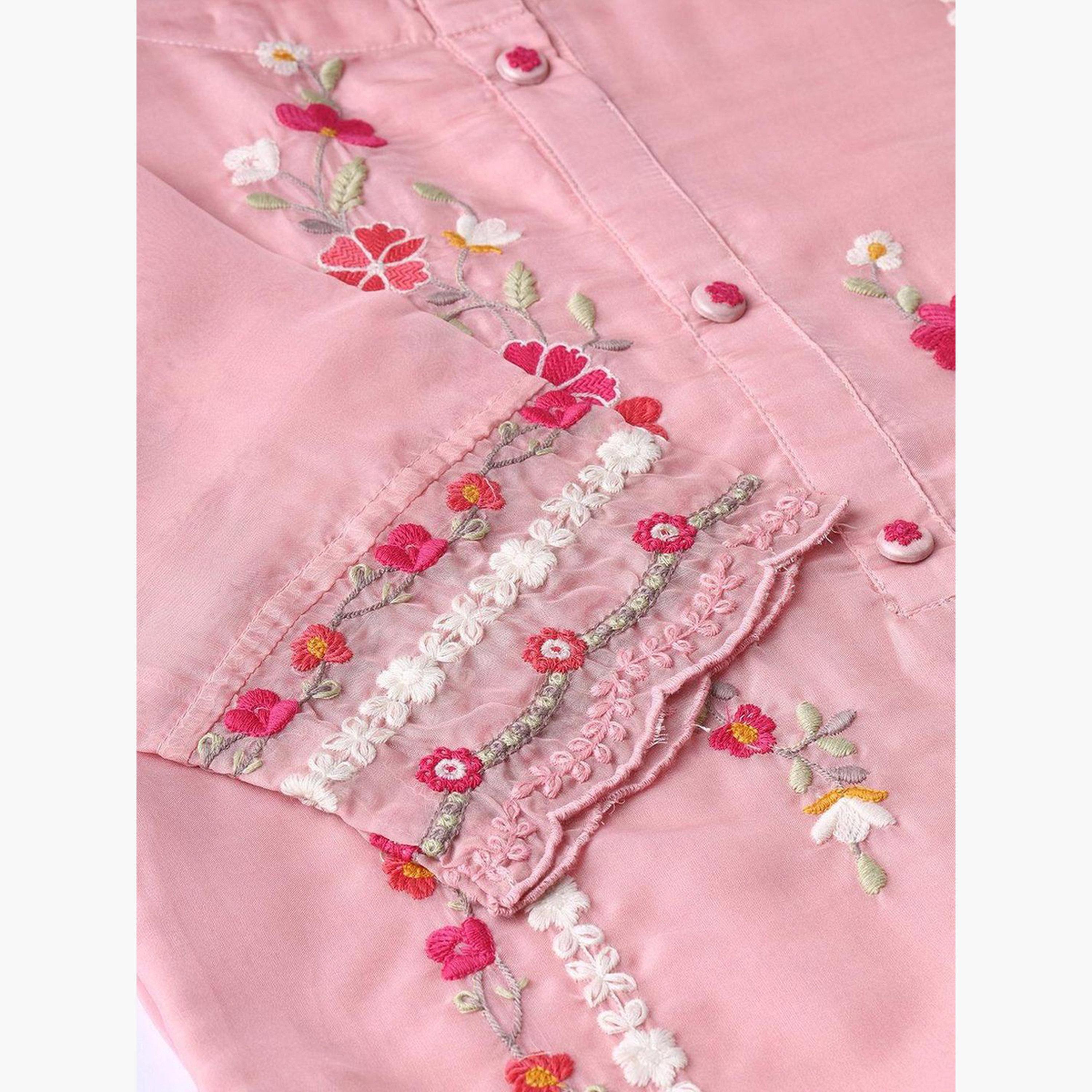 ايشين - كورتا (قميص طويل) أورجانزا وردي مع بنطال ووشاح دوباتا-women-clothing-ethnicwear-kurtasets-image-3