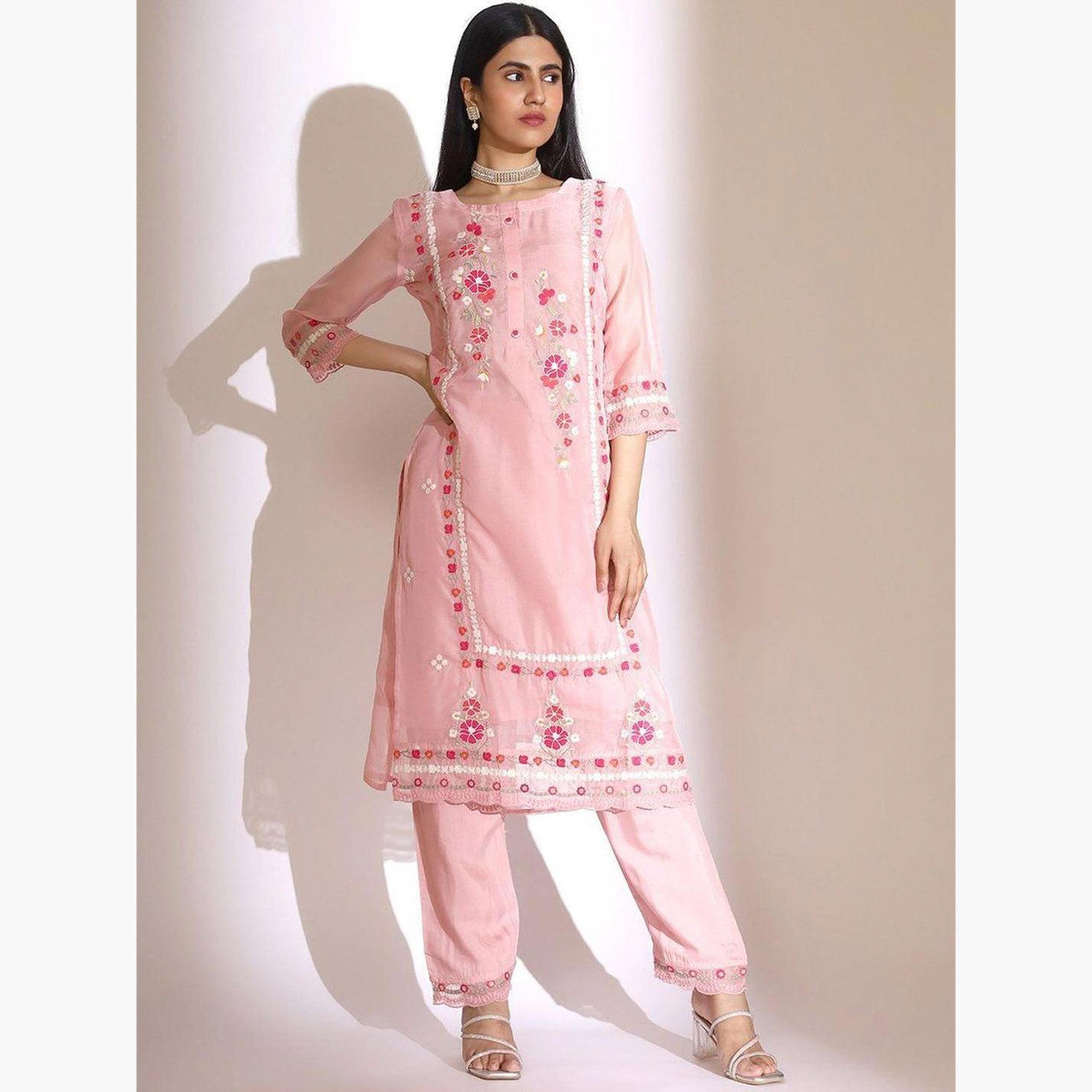 ايشين - كورتا (قميص طويل) أورجانزا وردي مع بنطال ووشاح دوباتا-women-clothing-ethnicwear-kurtasets-image-4