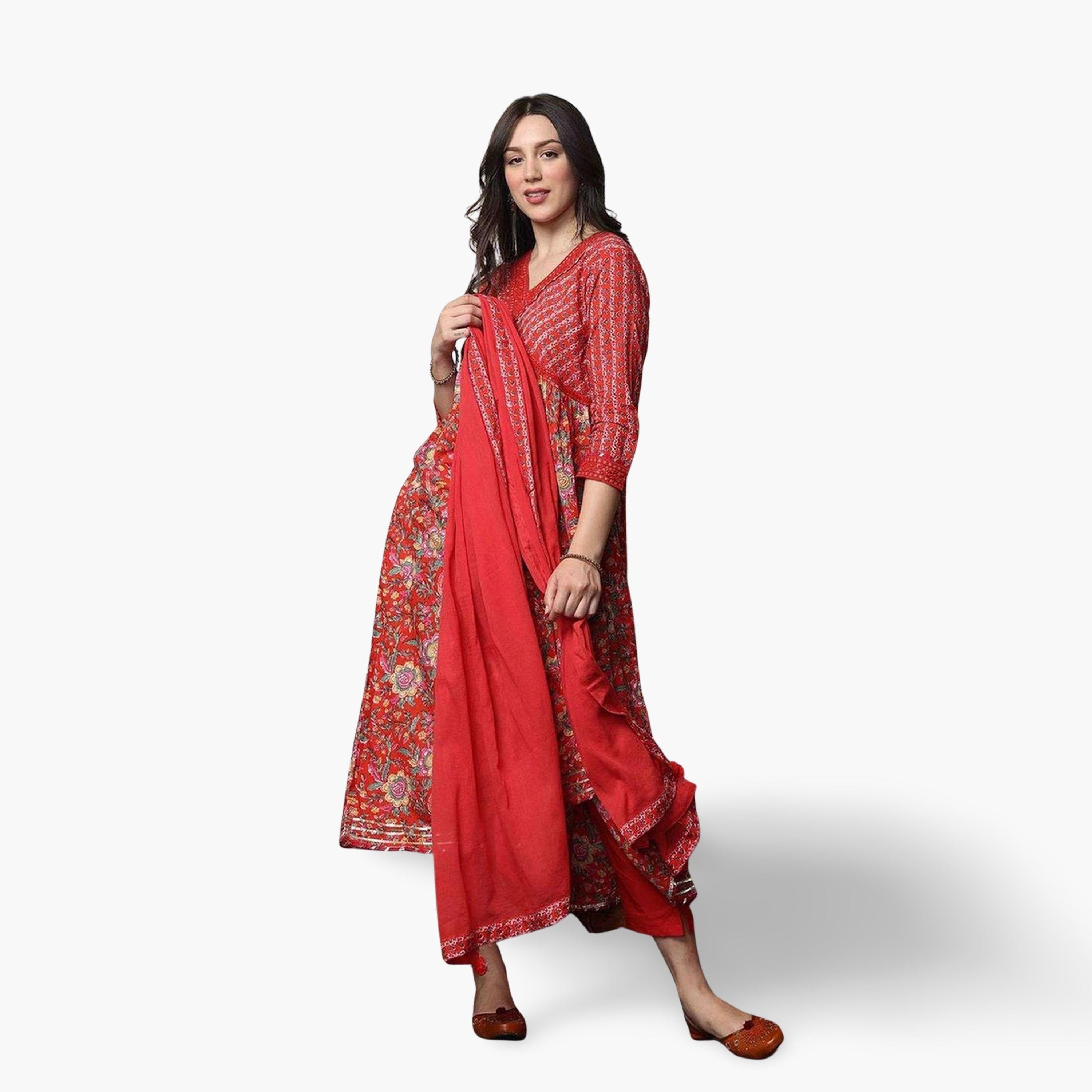 Ishin Women Red Cotton Kurta Set with Pants and Dupatta Set-women-clothing-ethnicwear-kurtasets-image-1