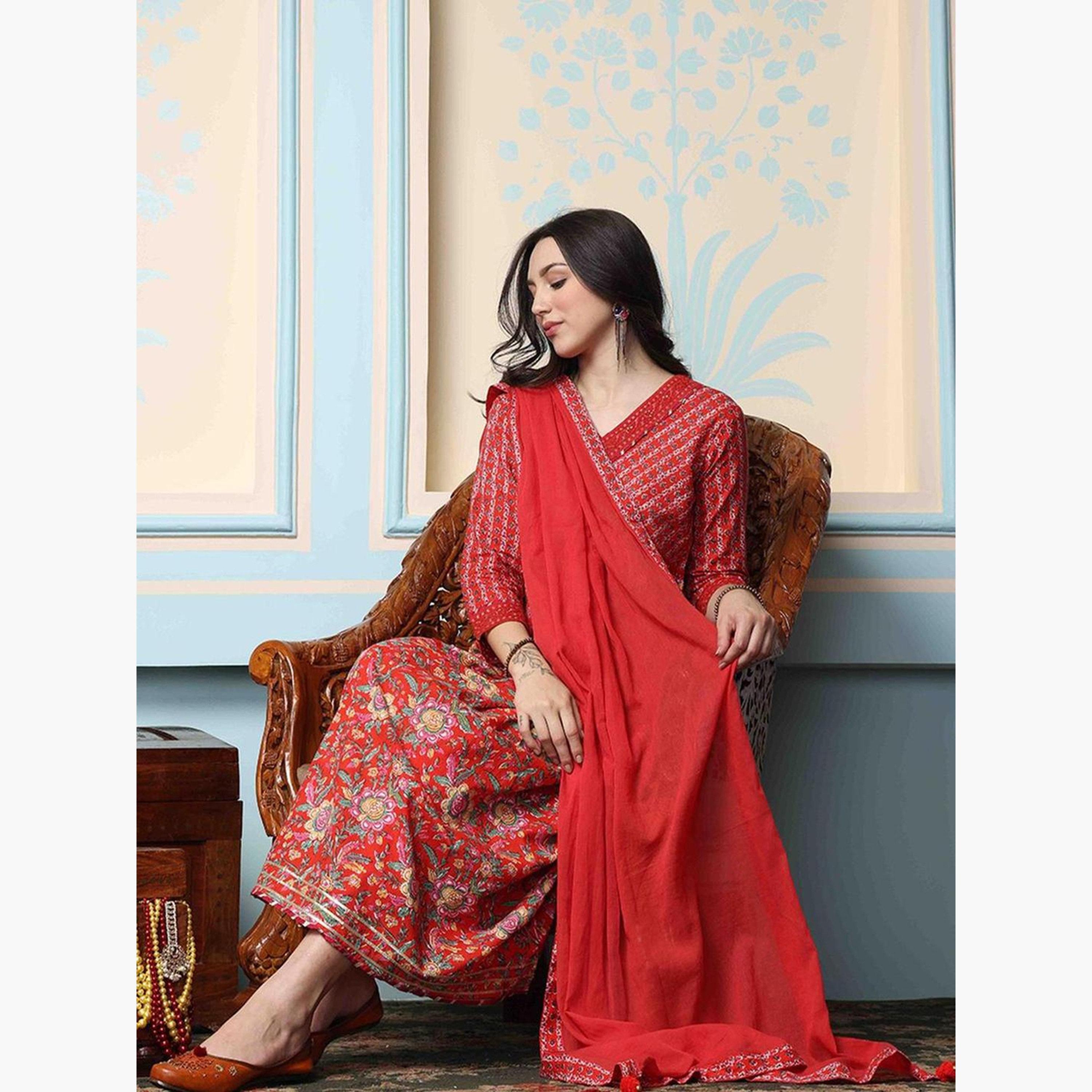 Ishin Women Red Cotton Kurta Set with Pants and Dupatta Set-women-clothing-ethnicwear-kurtasets-image-2