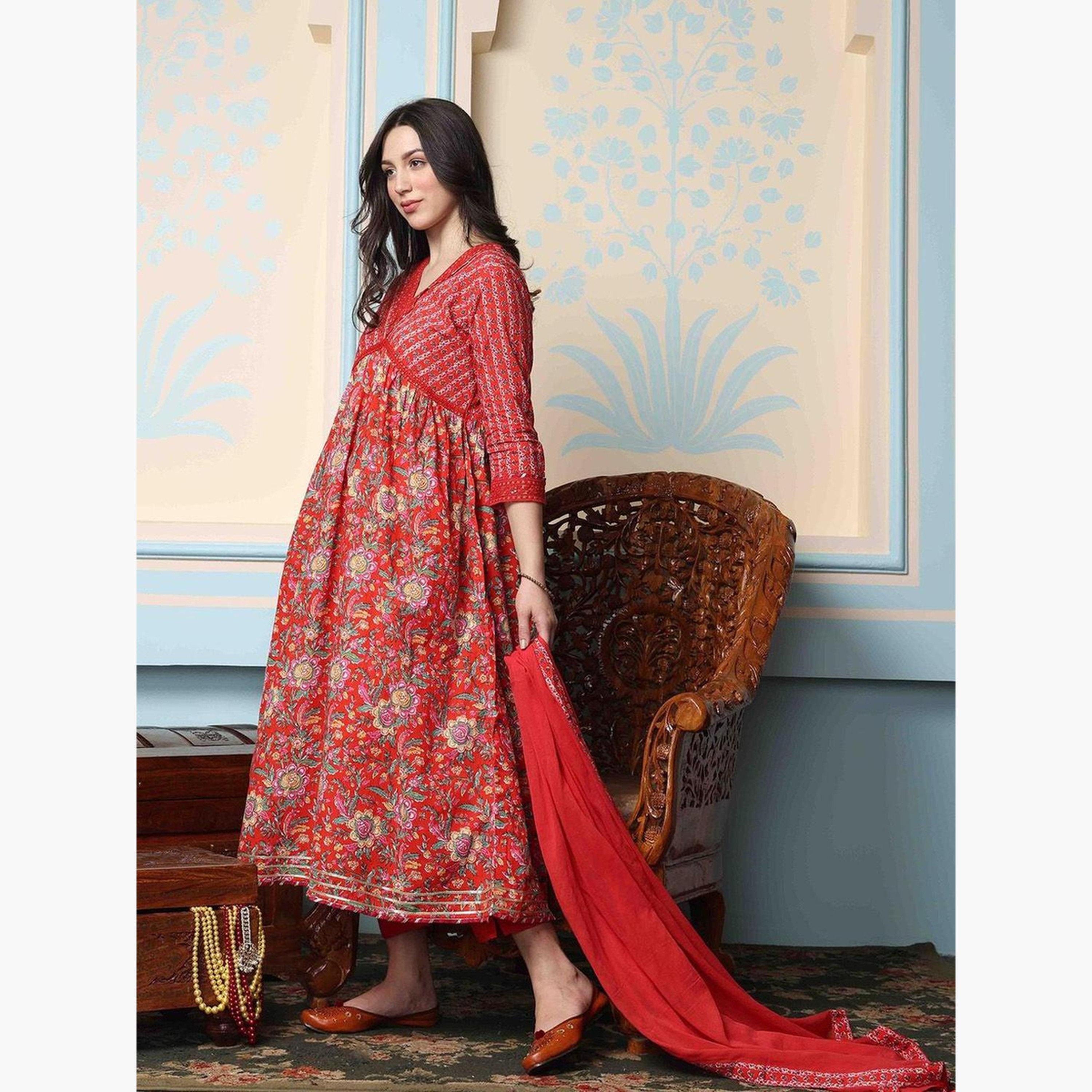 Ishin Women Red Cotton Kurta Set with Pants and Dupatta Set-women-clothing-ethnicwear-kurtasets-image-4